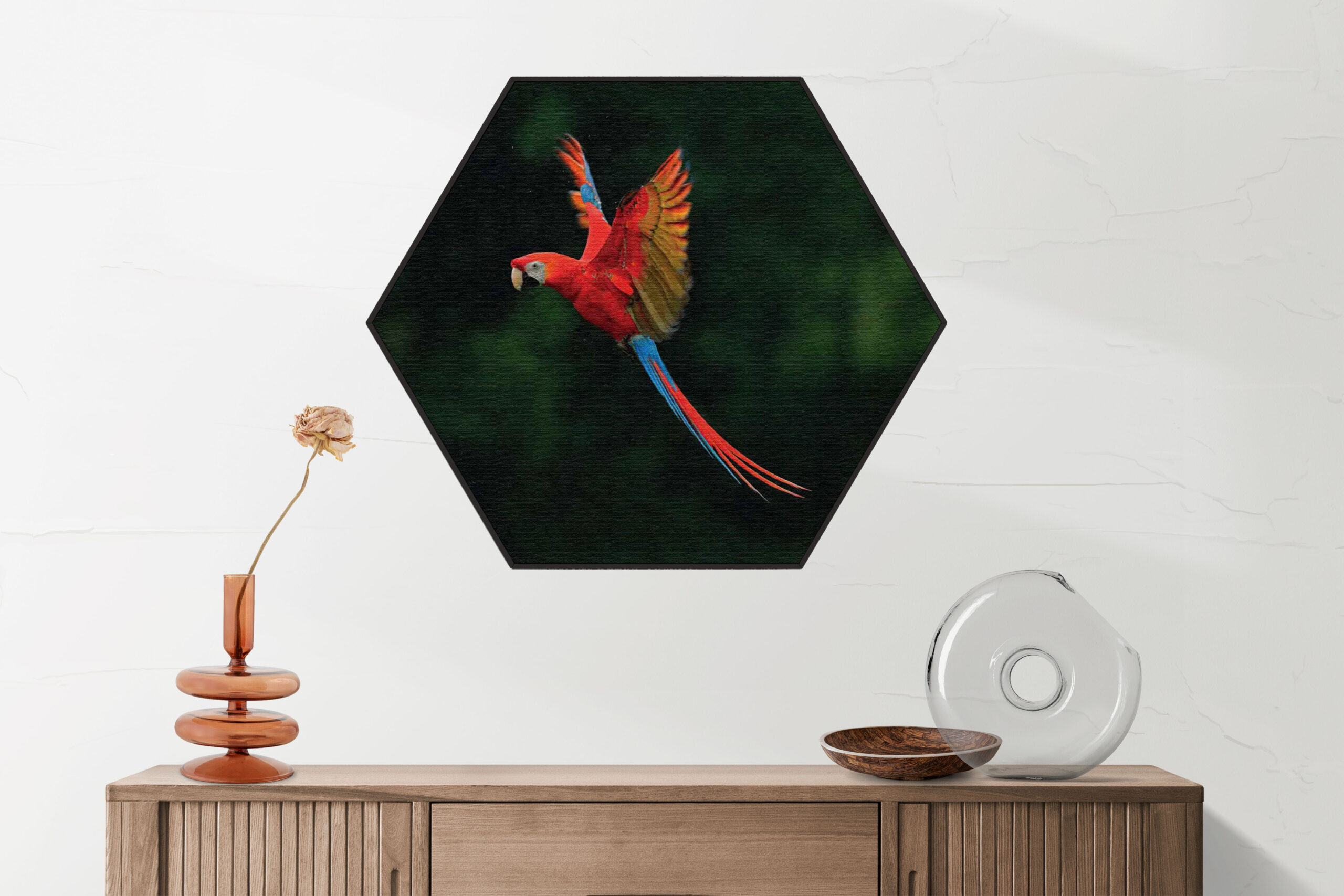 Akoestisch Schilderij Vliegende Ara Vogel Hexagon Template Hexagon dieren 40 2 scaled 1