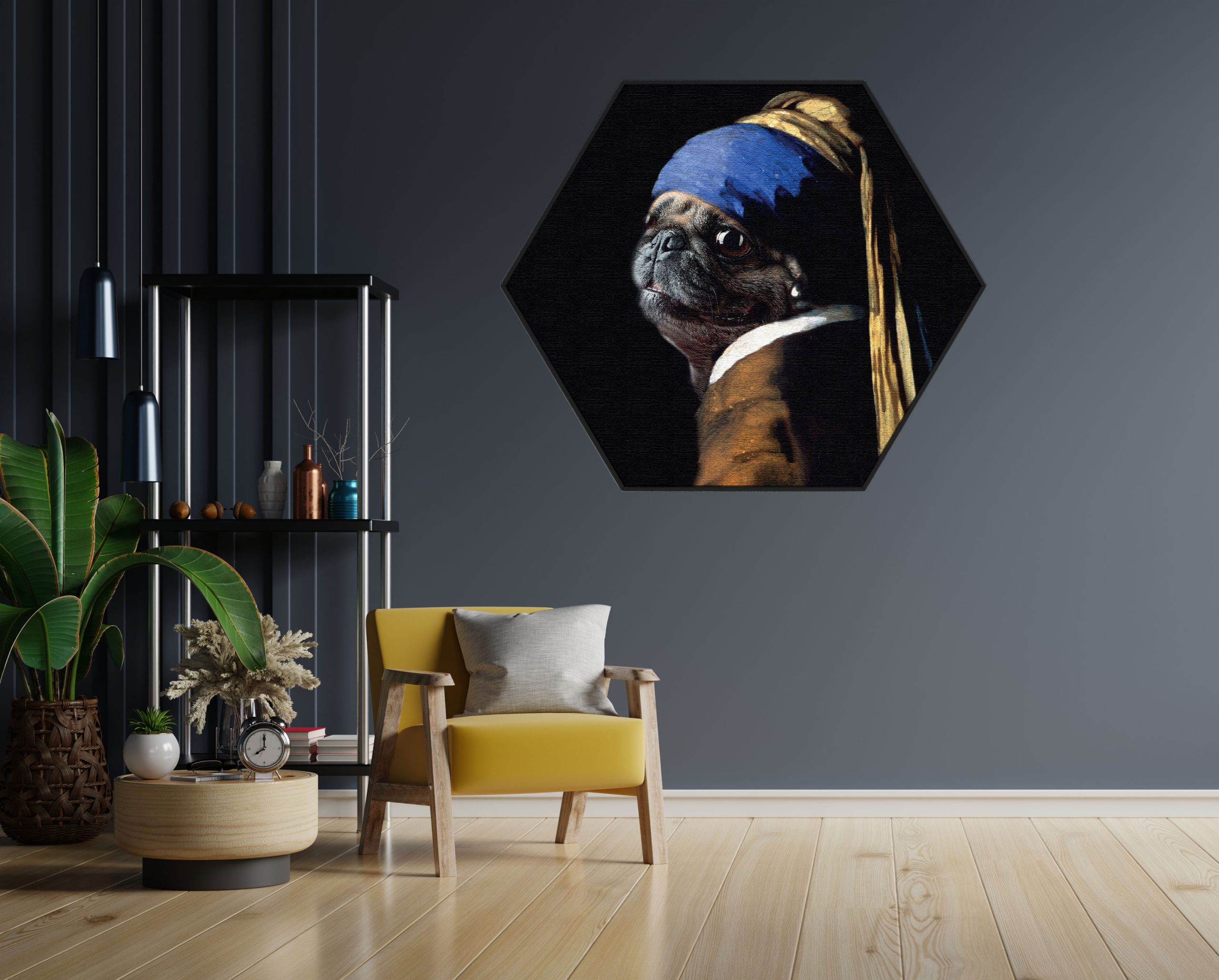 Akoestisch Schilderij Menselijke Bulldog Hond Als Meisje Met De Parel Hexagon Template Hexagon ironisch 10 1 scaled 1