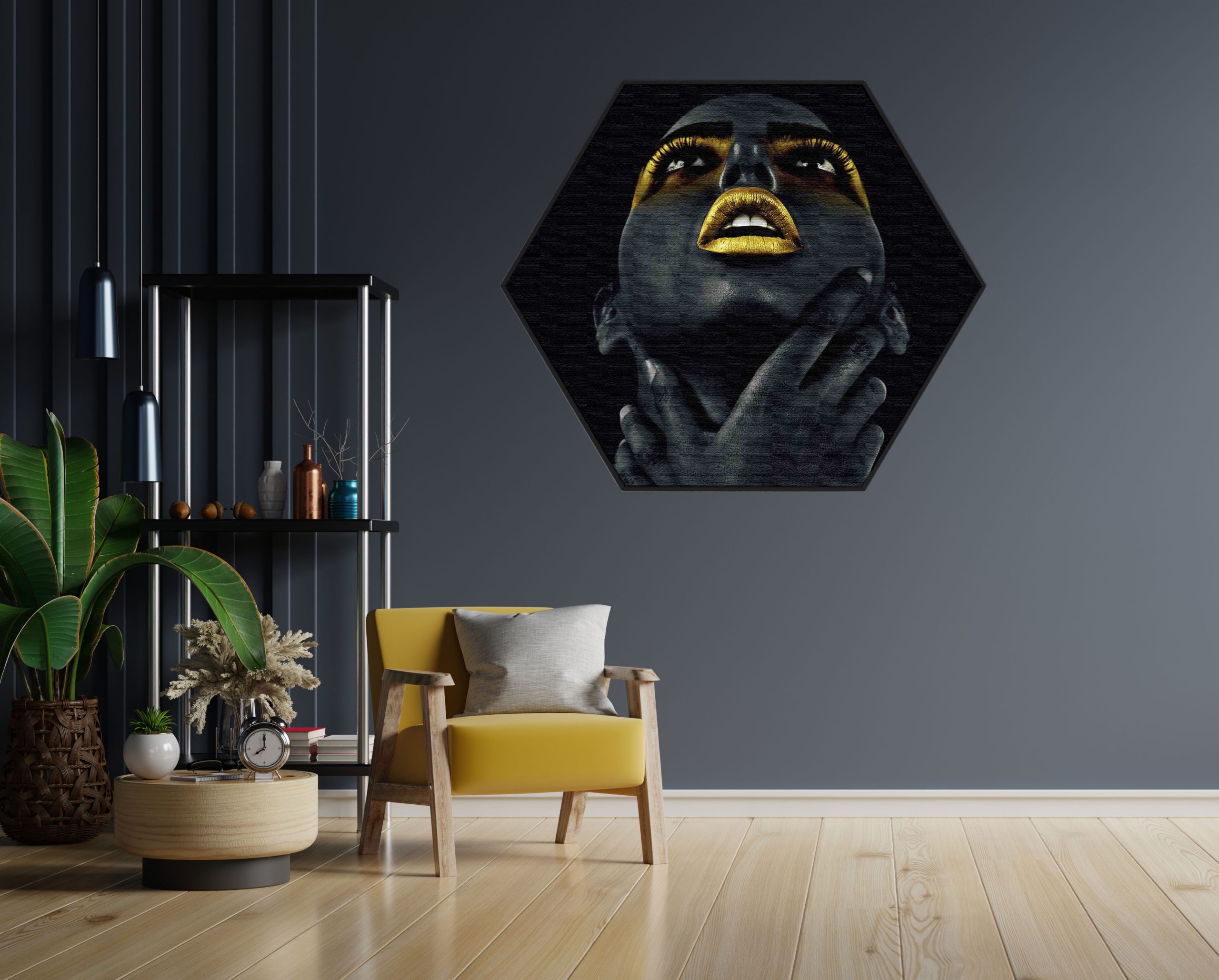Akoestisch Schilderij Dame Gouden Make up Hexagon Template Hexagon lifestyle 10 1 scaled 1
