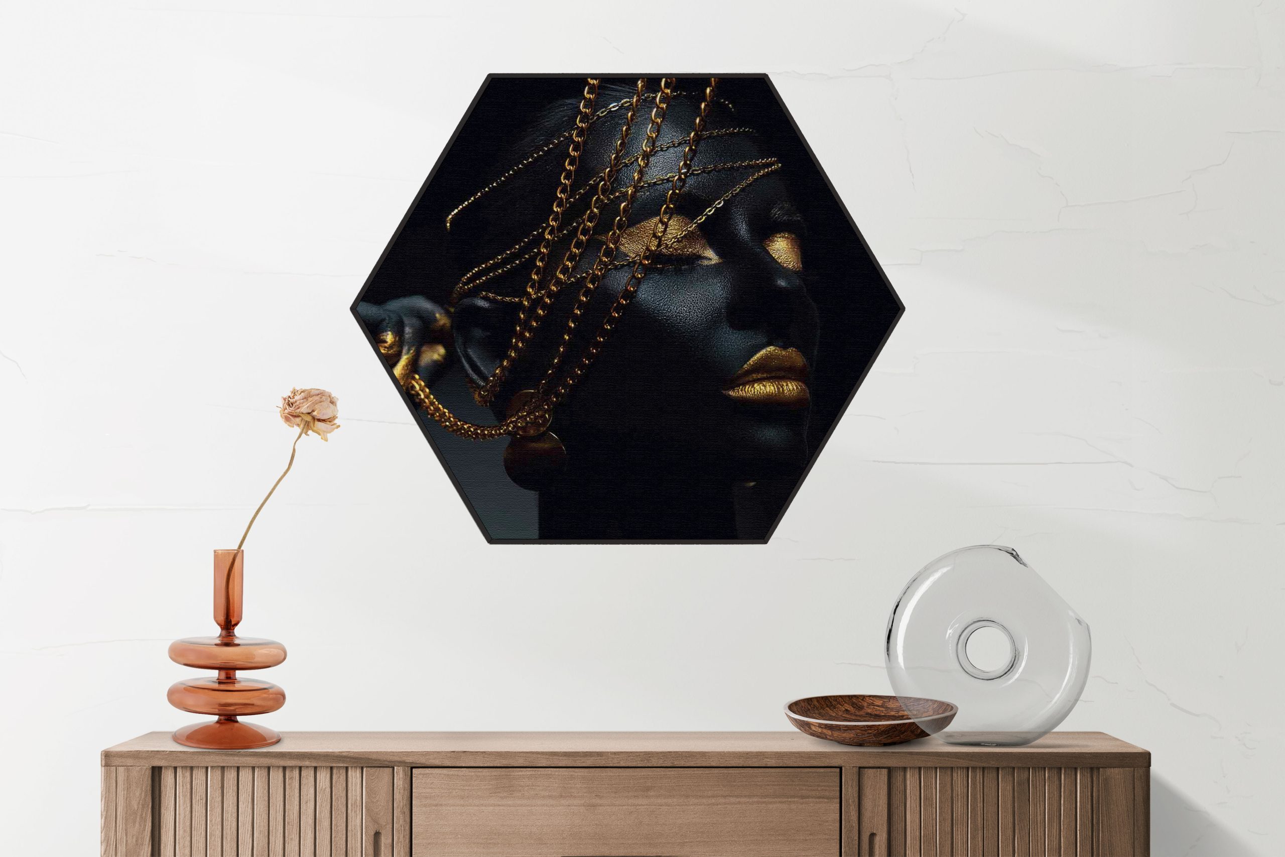 Akoestisch Schilderij Dame Gouden Make up Hexagon Template Hexagon lifestyle 19 2 scaled 1