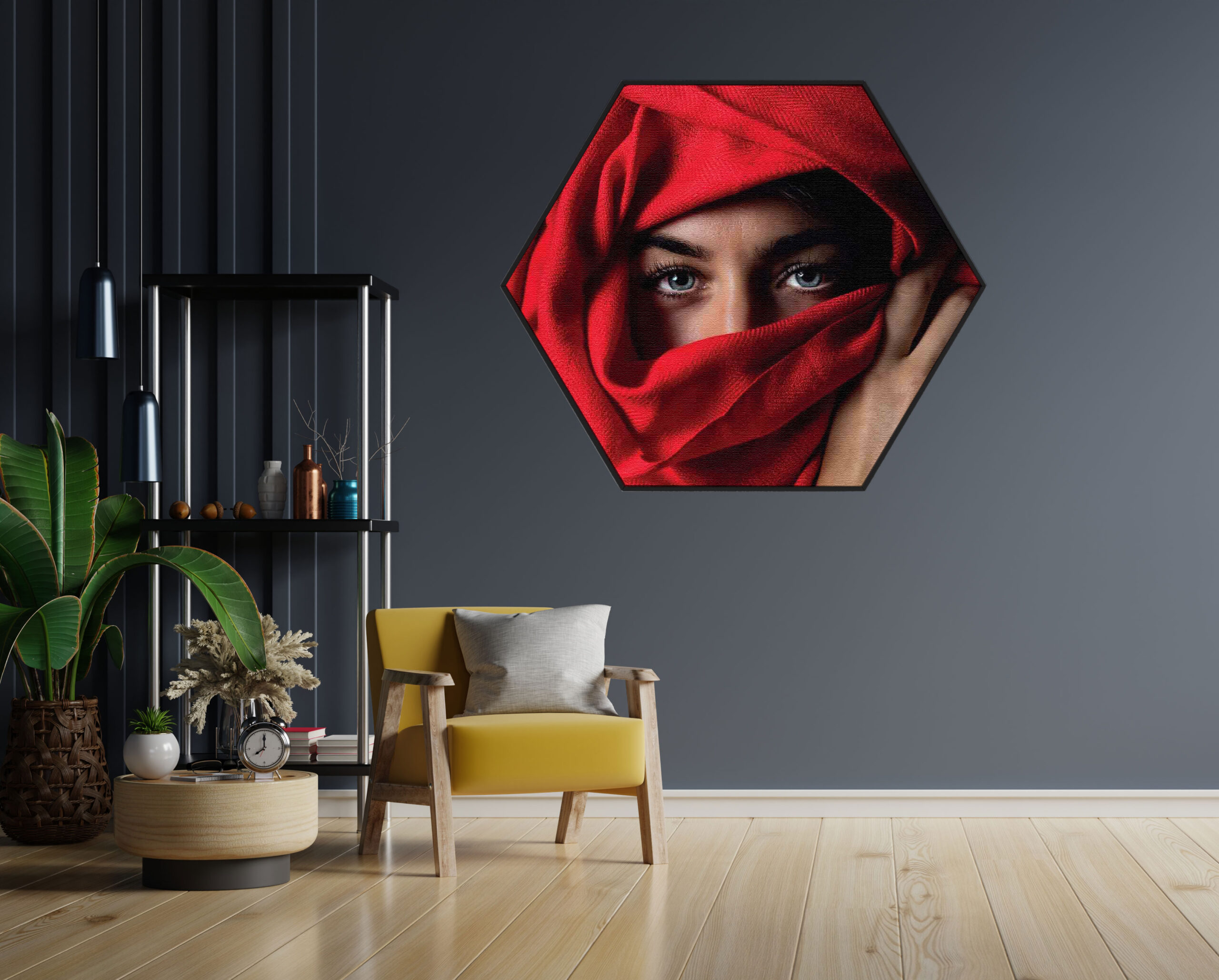 Akoestisch Schilderij Jonge Arabische Vrouw Met Rode Hoofddoek Hexagon Template Hexagon mensen 1 1 scaled 1