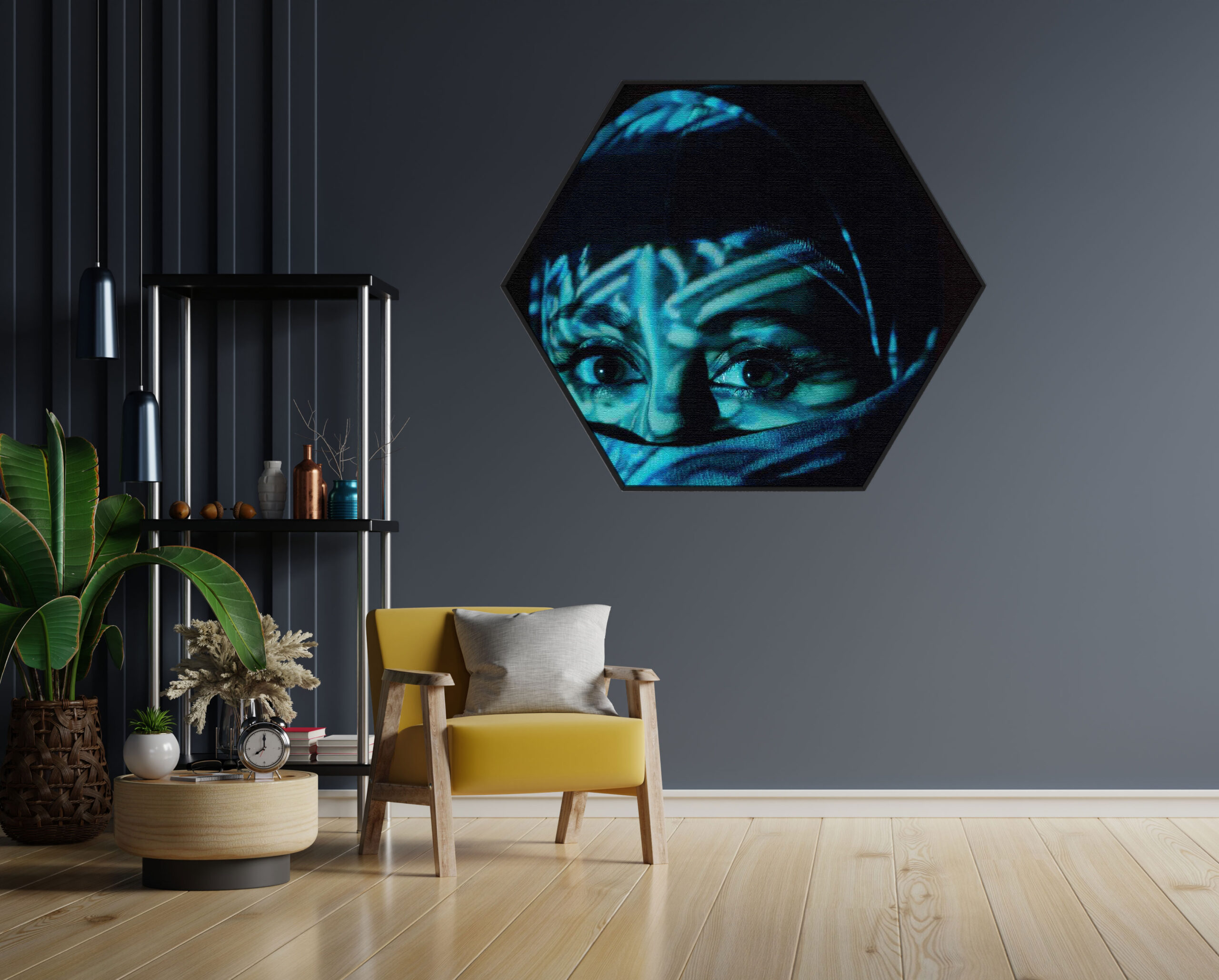 Akoestisch Schilderij Jonge Arabische Vrouw Met Blauwe Hoofddoek Hexagon Template Hexagon mensen 9 1 scaled 1