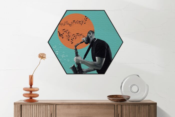 Akoestisch Schilderij Saxofonist Hexagon Template Hexagon muziek 10 2 scaled 1