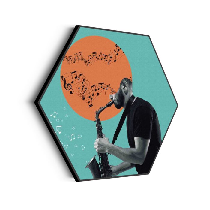 Akoestisch Schilderij Saxofonist Hexagon Template Hexagon muziek 10 scaled 1
