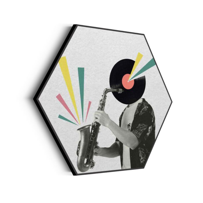Akoestisch Schilderij Saxofonist Hexagon Template Hexagon muziek 11 scaled 1