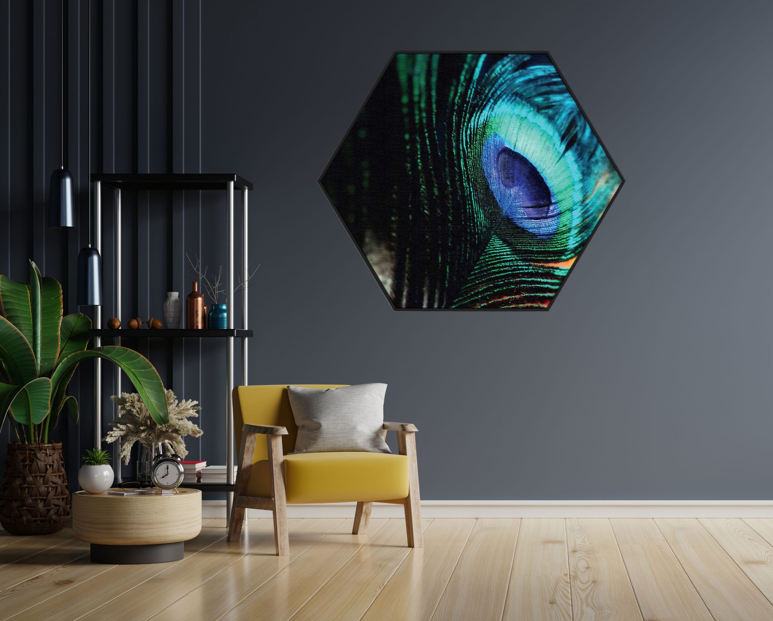 Akoestisch Schilderij Een veer van de Pauw Hexagon Template Hexagon natuur 11 1 scaled 1