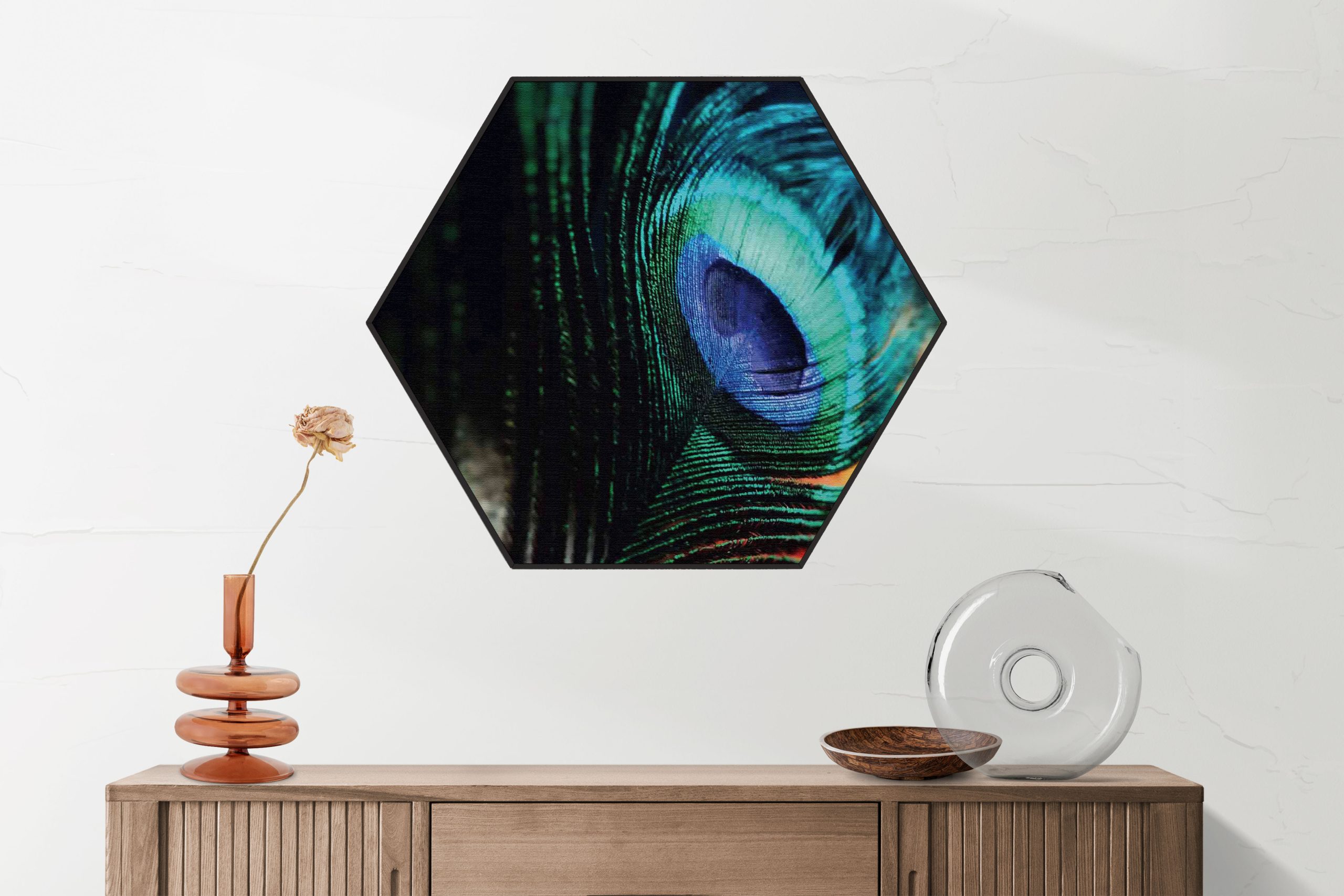 Akoestisch Schilderij Een veer van de Pauw Hexagon Template Hexagon natuur 11 2 scaled 1