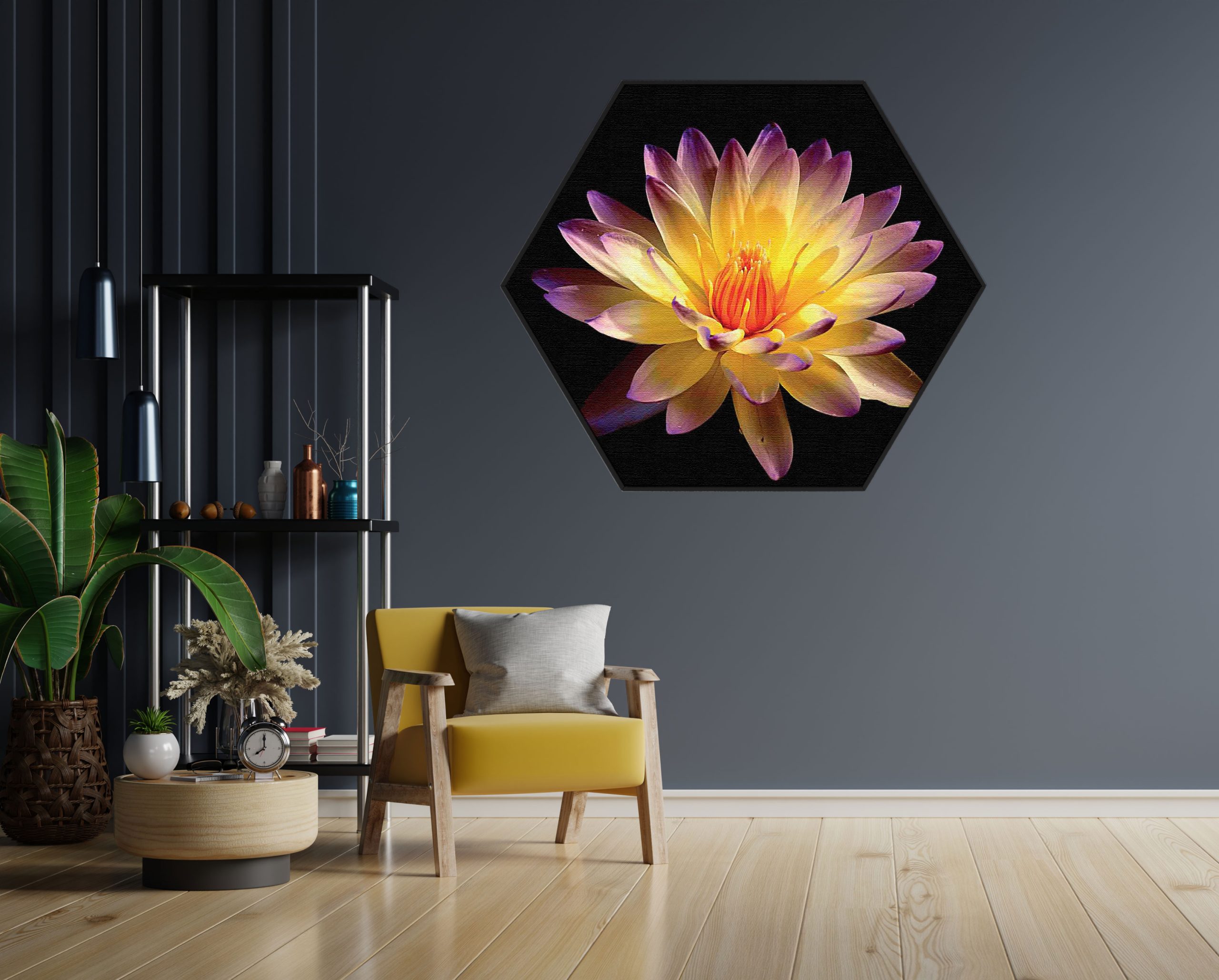 Akoestisch Schilderij Paarse Gele Dahlia Hexagon Template Hexagon natuur 60 1 scaled 1