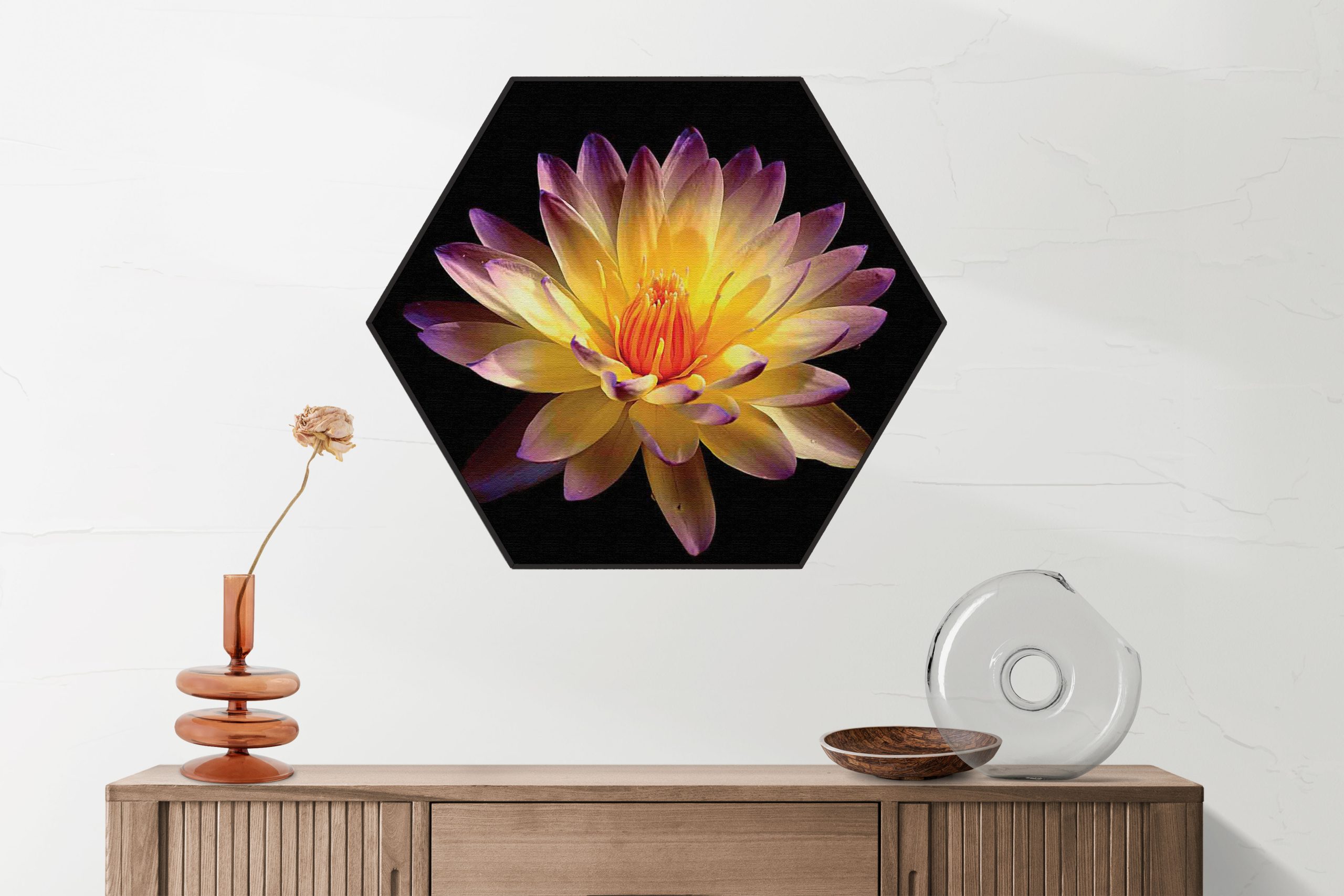Akoestisch Schilderij Paarse Gele Dahlia Hexagon Template Hexagon natuur 60 2 scaled 1