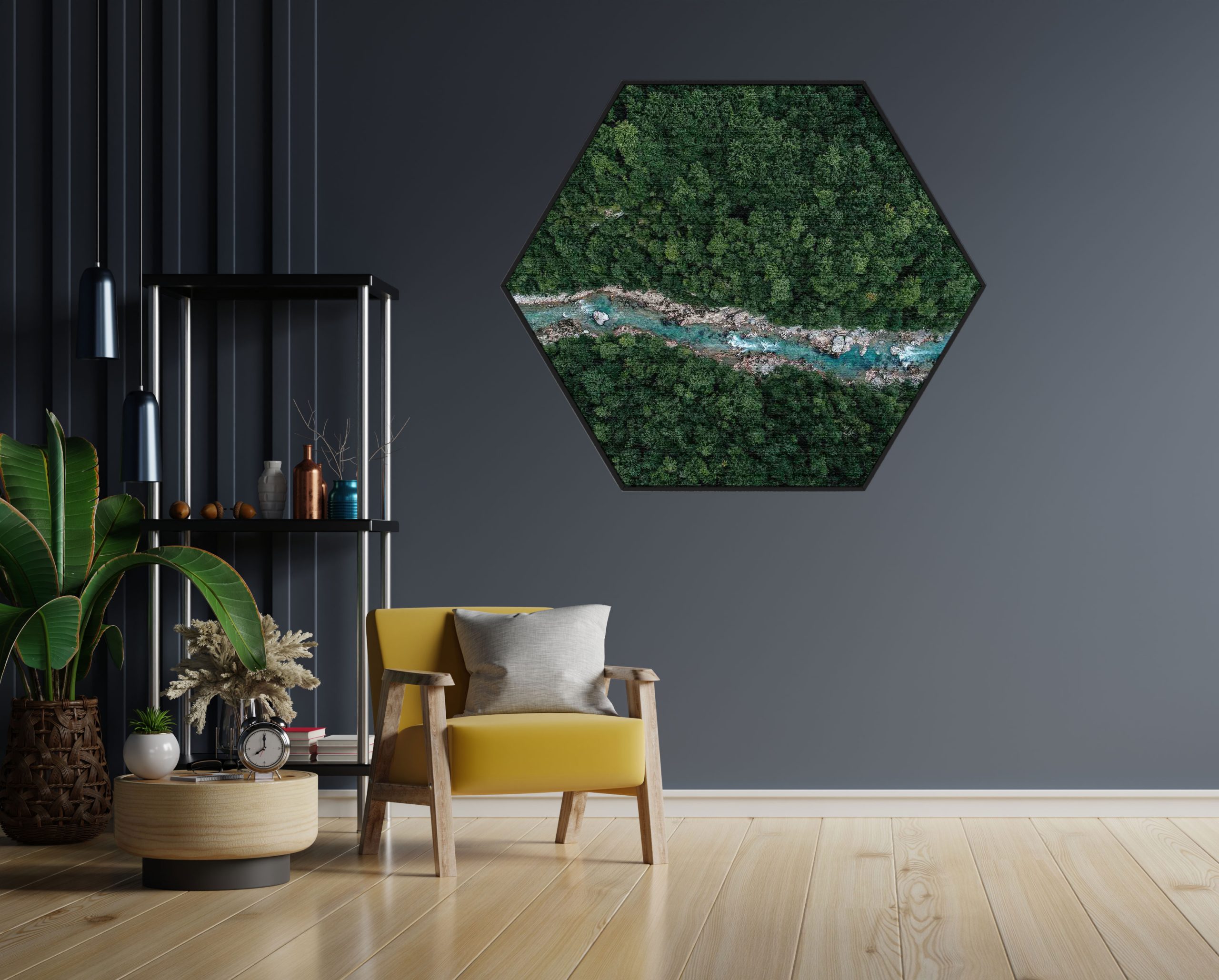 Akoestisch Schilderij Ruige rivier door bos Hexagon Template Hexagon natuur 65 1 scaled 1