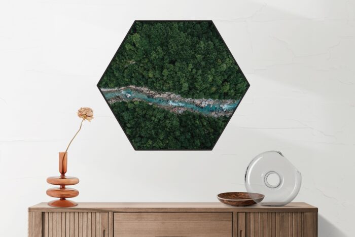 Akoestisch Schilderij Ruige rivier door bos Hexagon Template Hexagon natuur 65 2 scaled 1