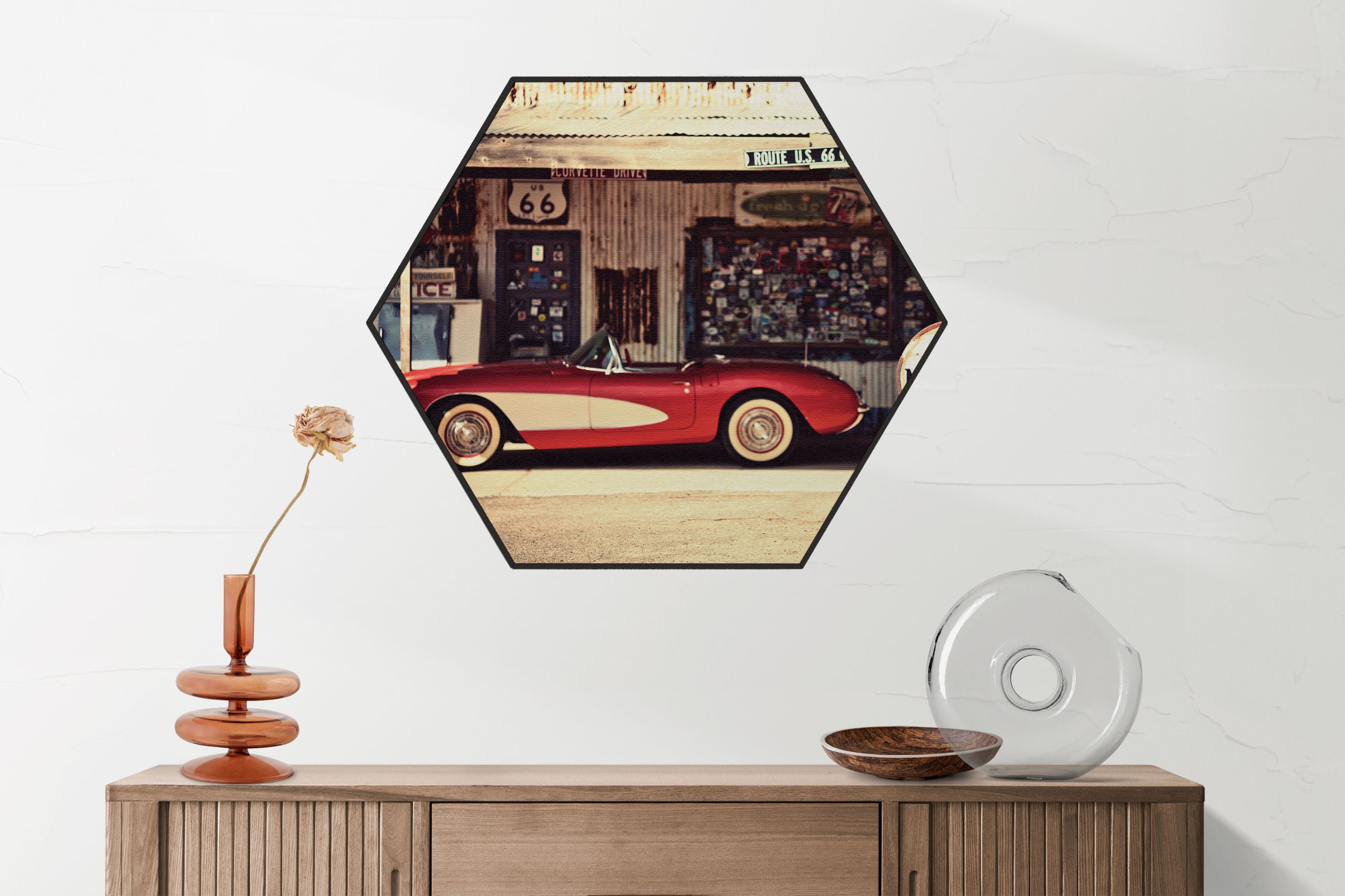 Akoestisch Schilderij Route 66 Hexagon Template Hexagon retro 12 2 scaled 1