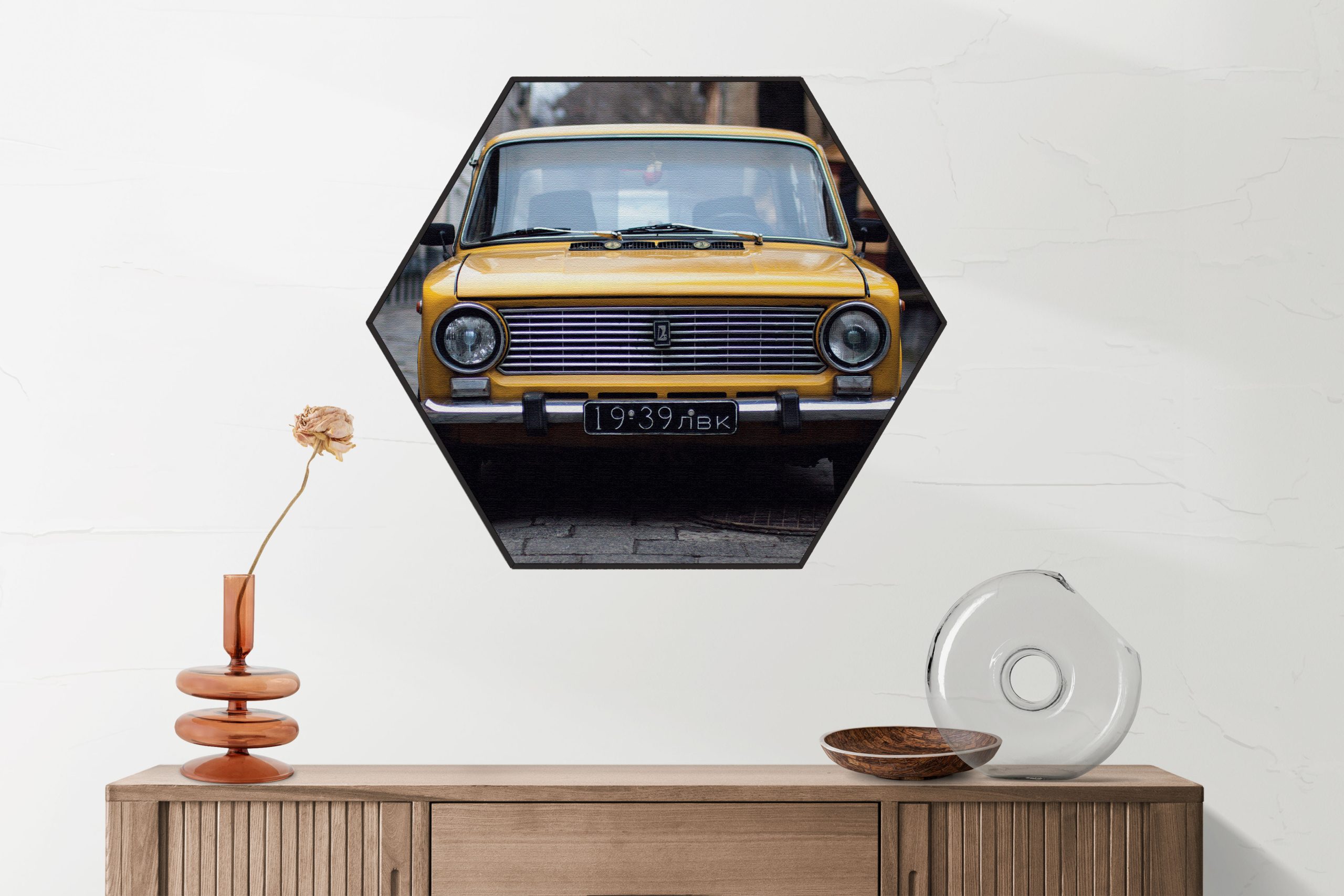 Akoestisch Schilderij Old School Gele Taxi 01 Hexagon Template Hexagon retro 7 2 scaled 1