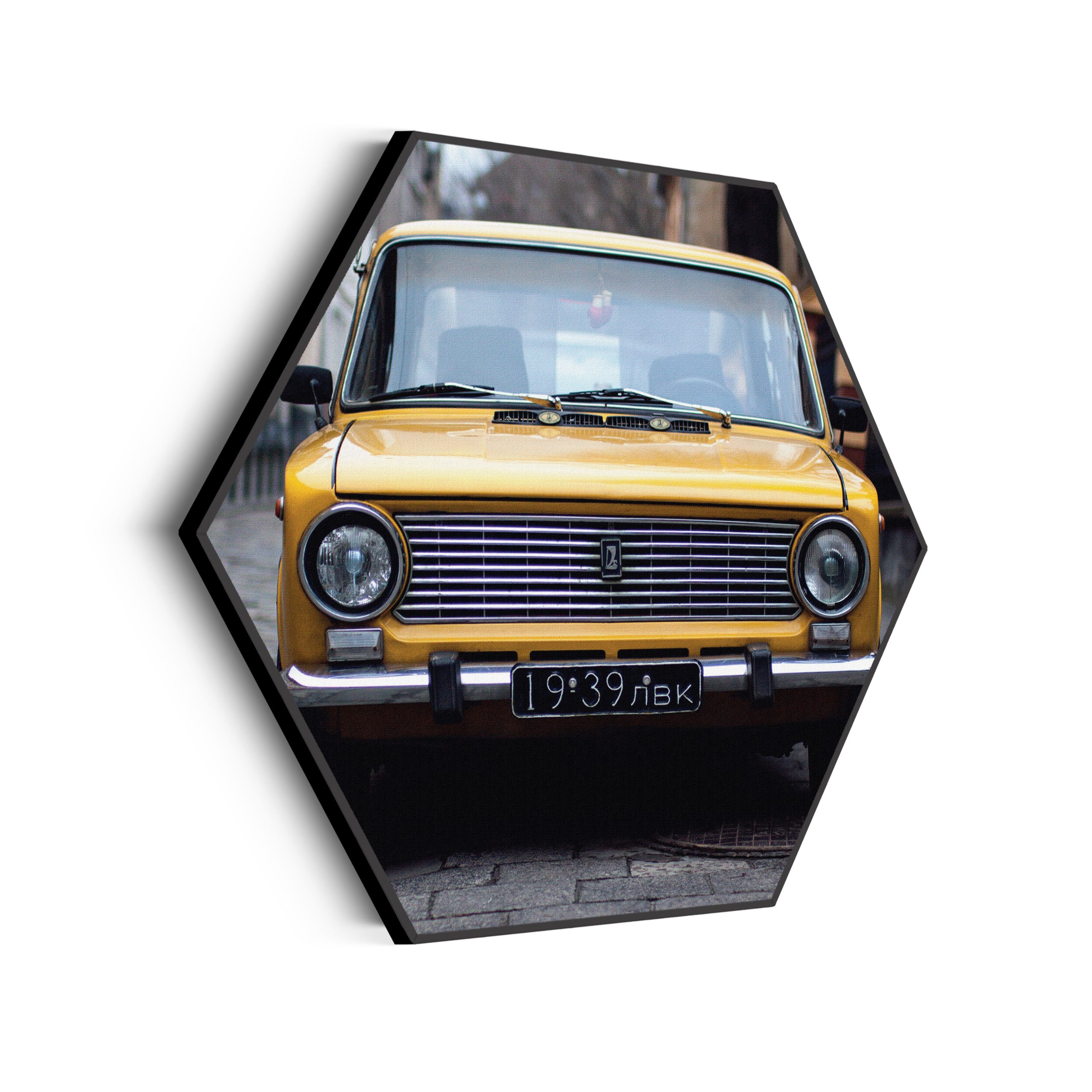 Akoestisch Schilderij Old School Gele Taxi 01 Hexagon Template Hexagon retro 7 scaled 1