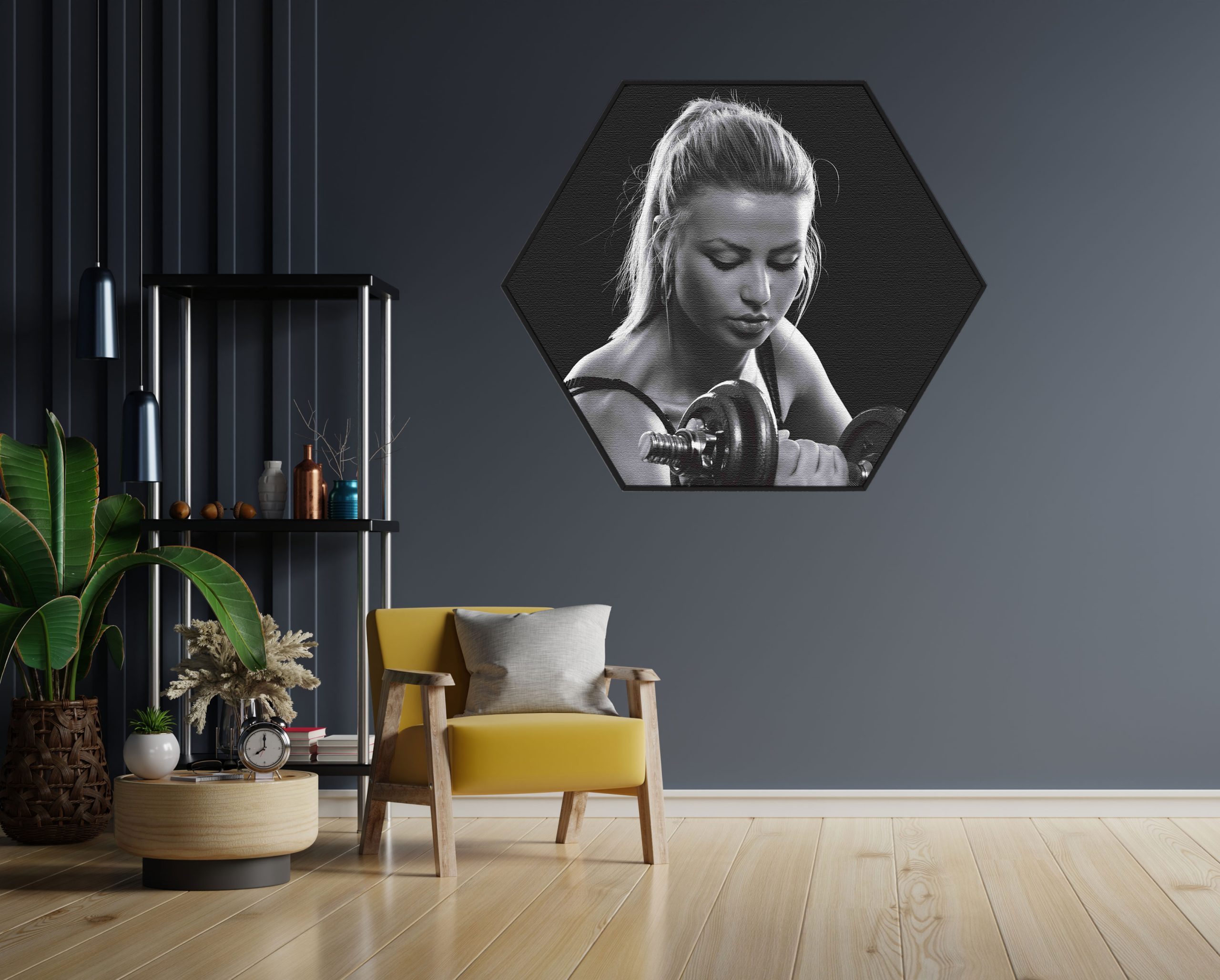 Akoestisch Schilderij Sexy Vrouw Heft Gewicht Met Halter Hexagon Template Hexagon sport 7 1 scaled 1