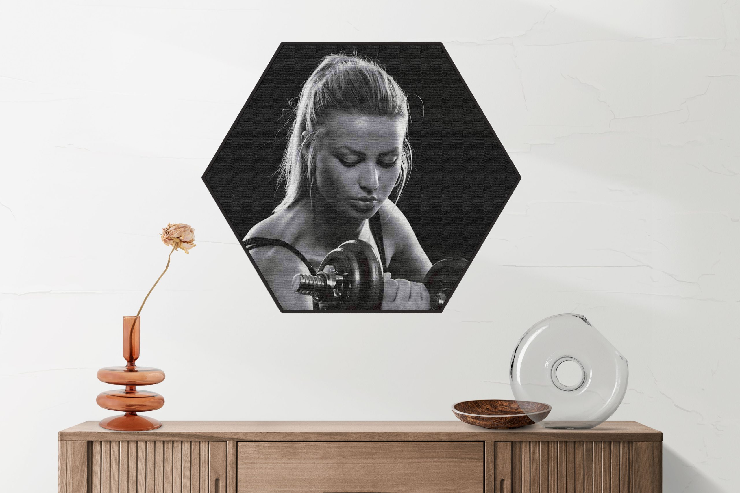 Akoestisch Schilderij Sexy Vrouw Heft Gewicht Met Halter Hexagon Template Hexagon sport 7 2 scaled 1