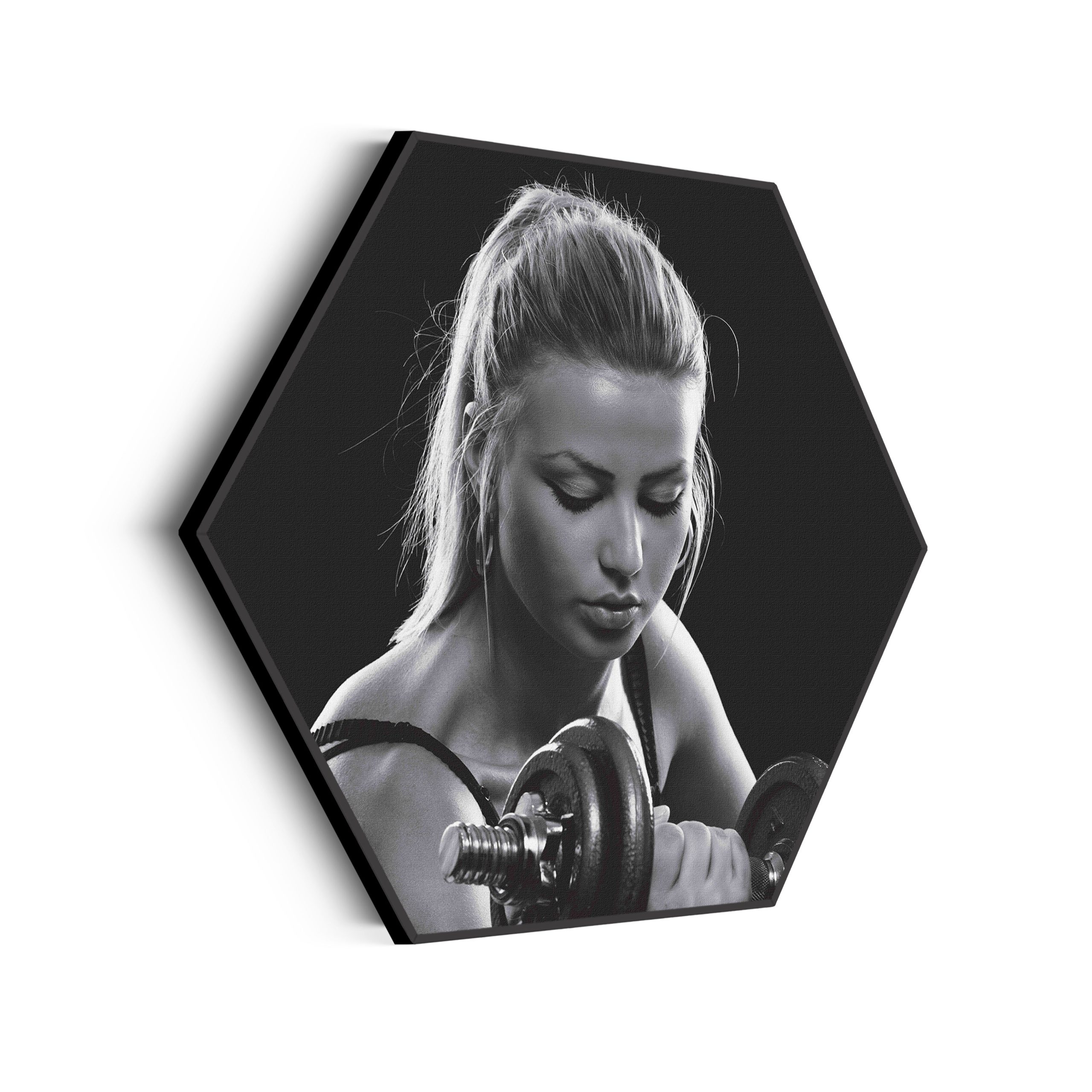 Akoestisch Schilderij Sexy Vrouw Heft Gewicht Met Halter Hexagon Template Hexagon sport 7 scaled 1