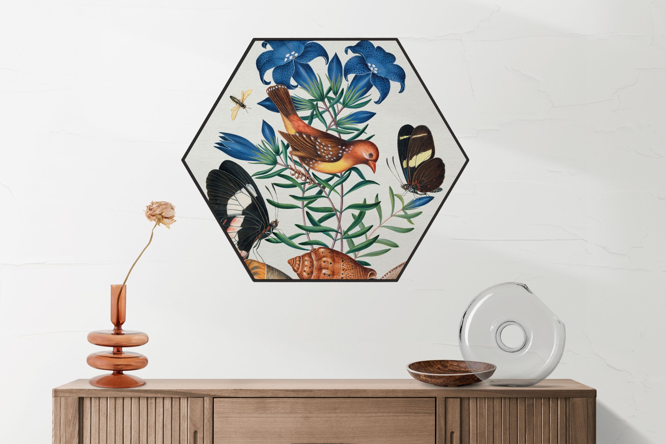 Akoestisch Schilderij Prent Natuur Vogel en Bloemen 02 Hexagon Template Hexagon vintage 2 2 scaled 1