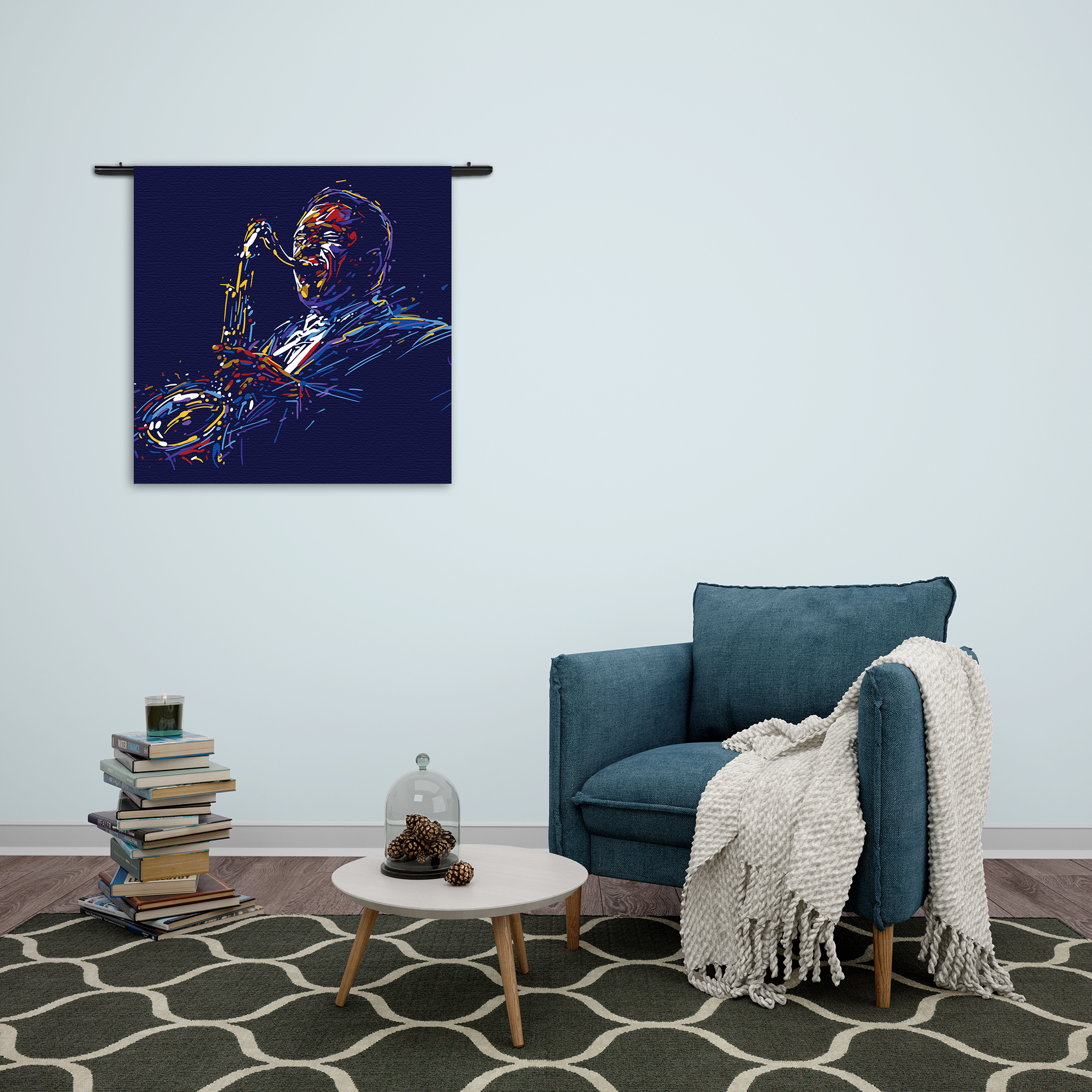 Wandkleed Kleurrijke Saxofonist 01 Rechthoek Vierkant Template Vierkant Rond Muziek 14 2