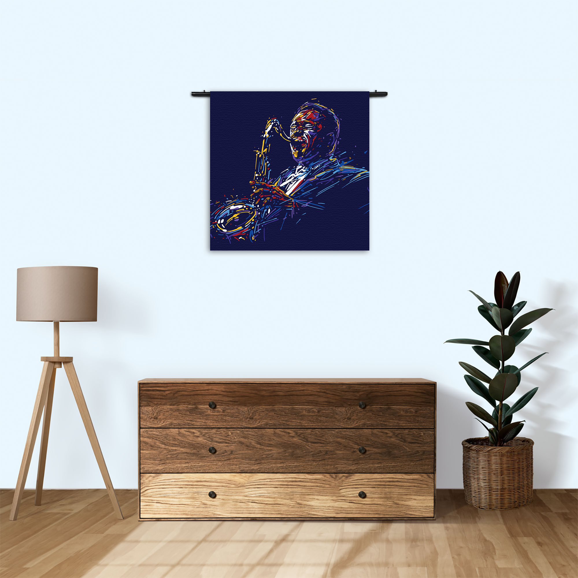 Wandkleed Kleurrijke Saxofonist 01 Rechthoek Vierkant Template Vierkant Rond Muziek 14 3