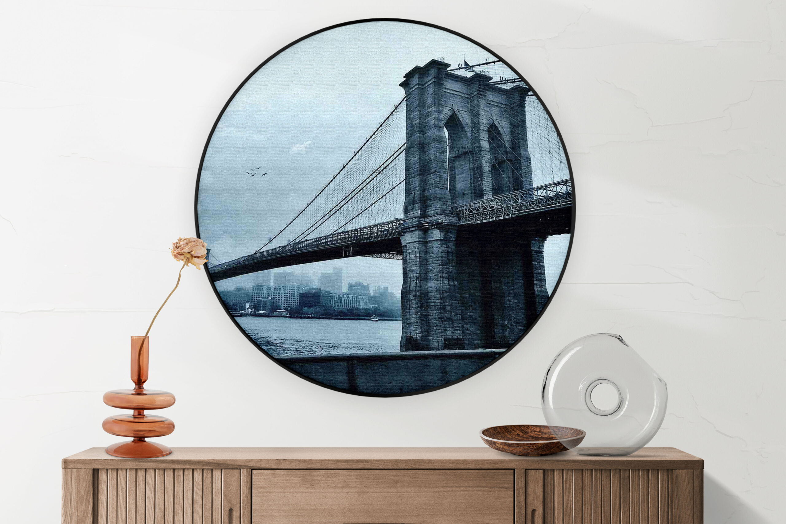 Akoestisch Schilderij Brooklyn Bridge New York Zwart Wit Rond - Muurcirkel Template Vierkant Rond Steden 28 2 scaled 1