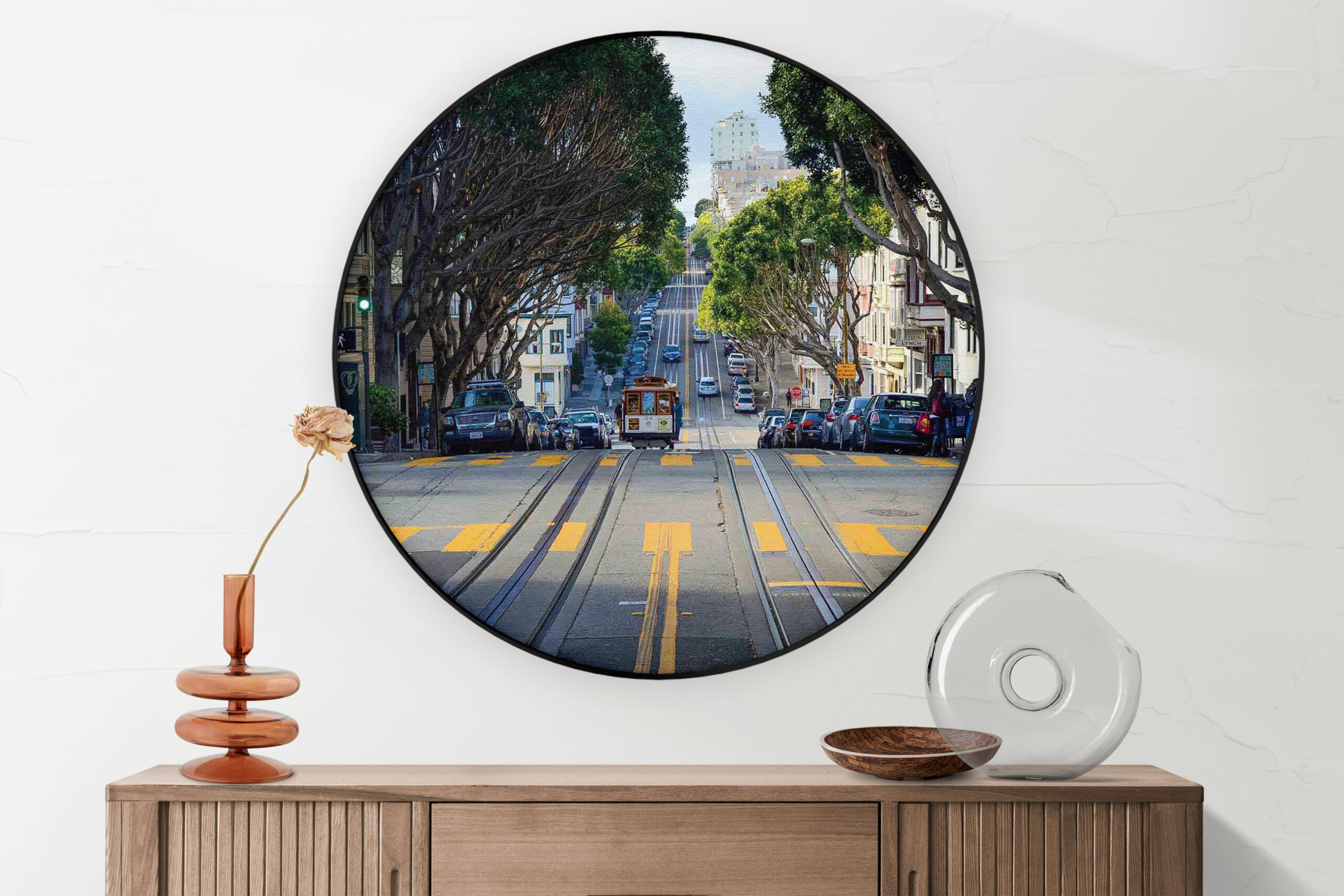 Akoestisch Schilderij San Francisco Tram Rond - Muurcirkel Template Vierkant Rond Steden 44 2 scaled 1