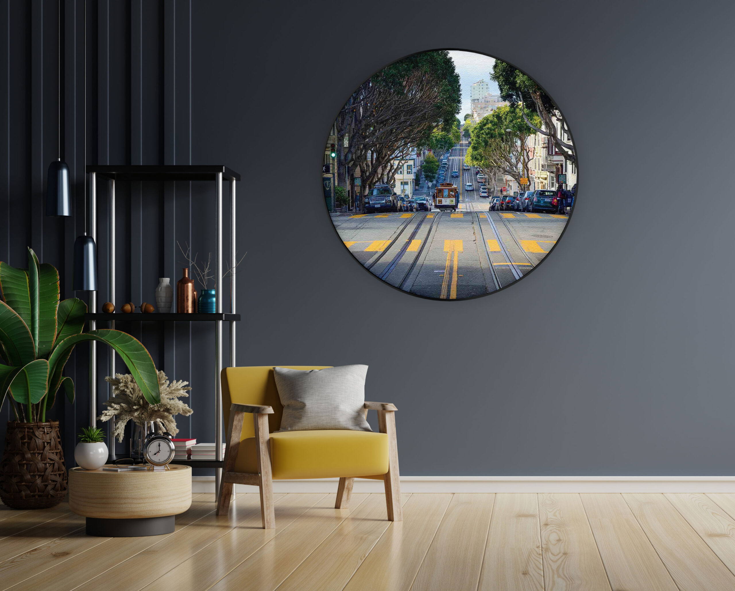 Akoestisch Schilderij San Francisco Tram Rond - Muurcirkel Template Vierkant Rond Steden 44 scaled 1