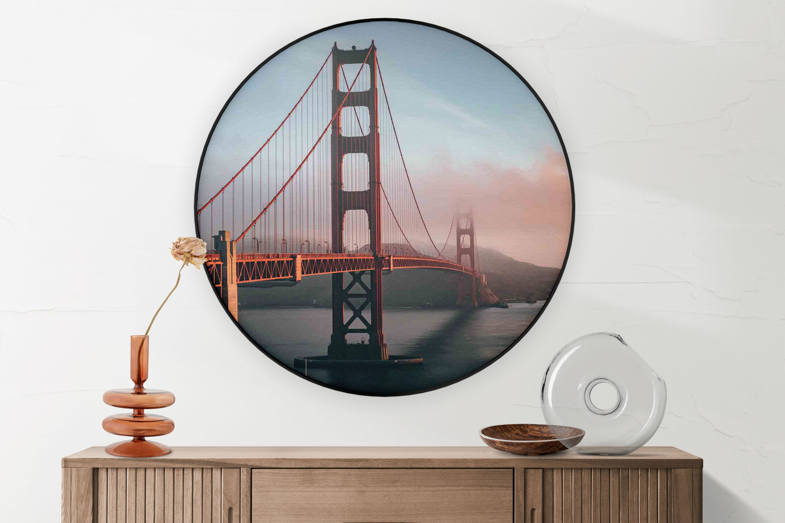 Akoestisch Schilderij Golden Gate Bridge San Francisco Rond - Muurcirkel Template Vierkant Rond Steden 49. 1 scaled 1