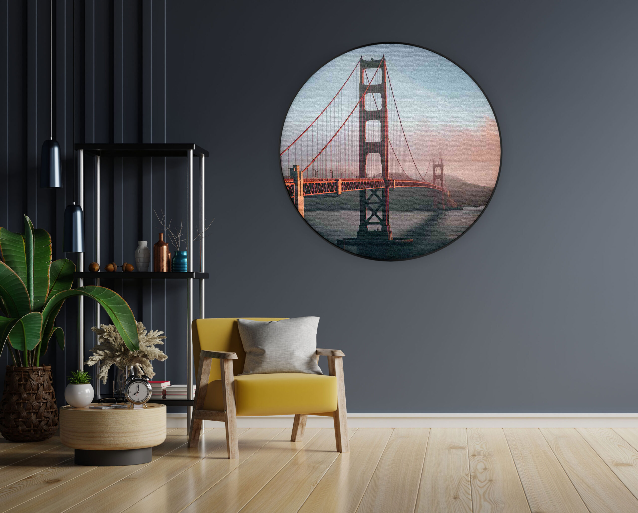 Akoestisch Schilderij Golden Gate Bridge San Francisco Rond - Muurcirkel Template Vierkant Rond Steden 49. 2 scaled 1