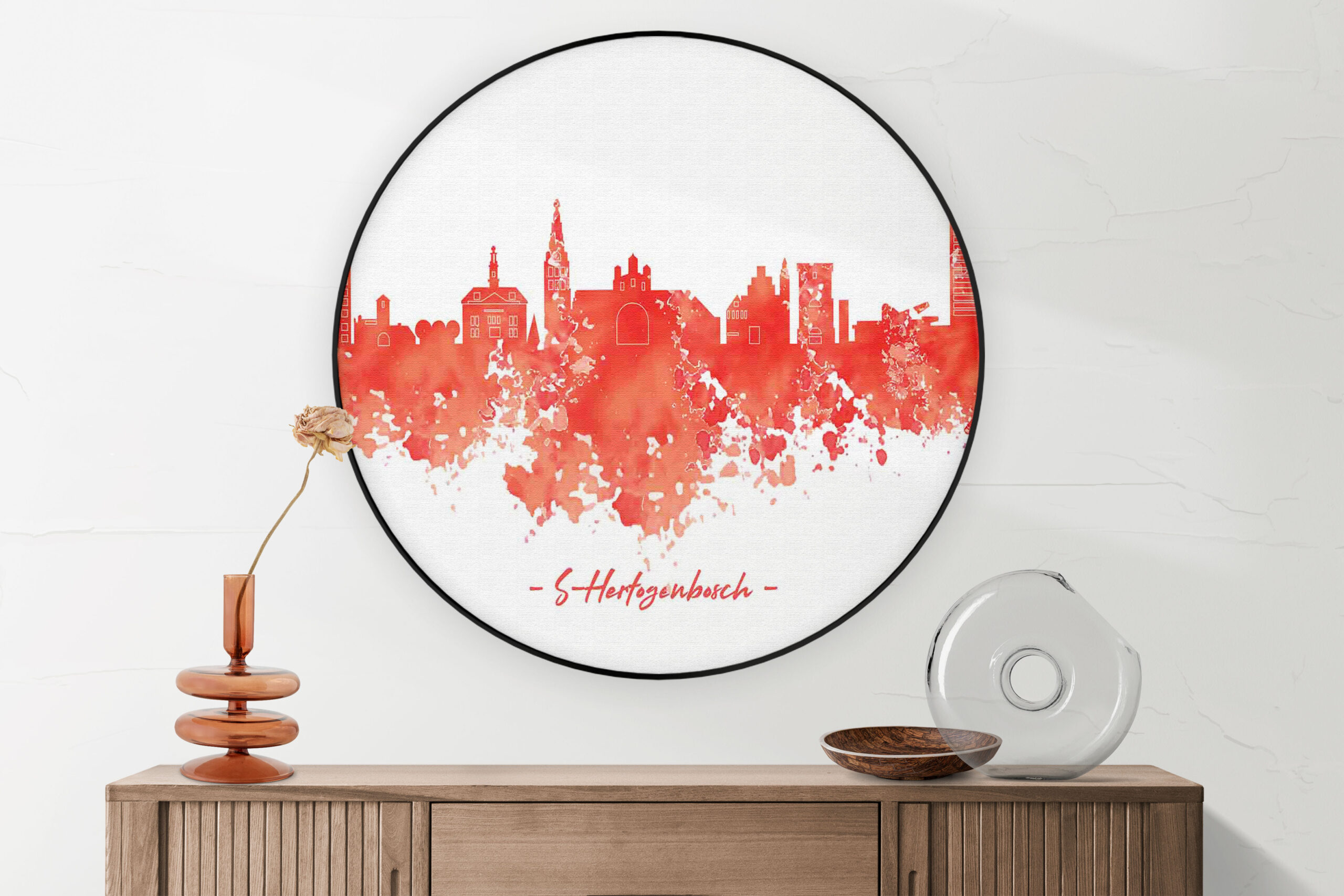 Akoestisch Schilderij Skyline 's-Hertogenbosch Watecolor Paint Rond - Muurcirkel Template Vierkant Rond Steden 54 scaled 1