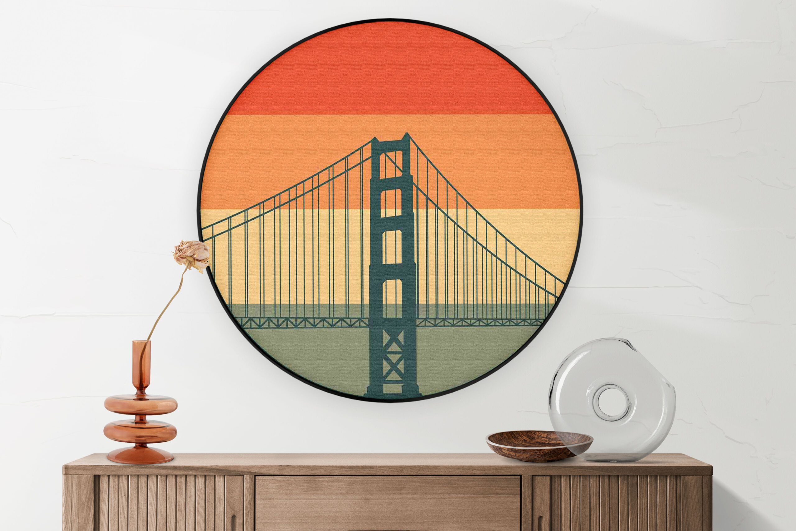 Akoestisch Schilderij San Francisco 1976 Golden Gate Bridge Rond - Muurcirkel Template Vierkant Rond Steden 55 scaled 1