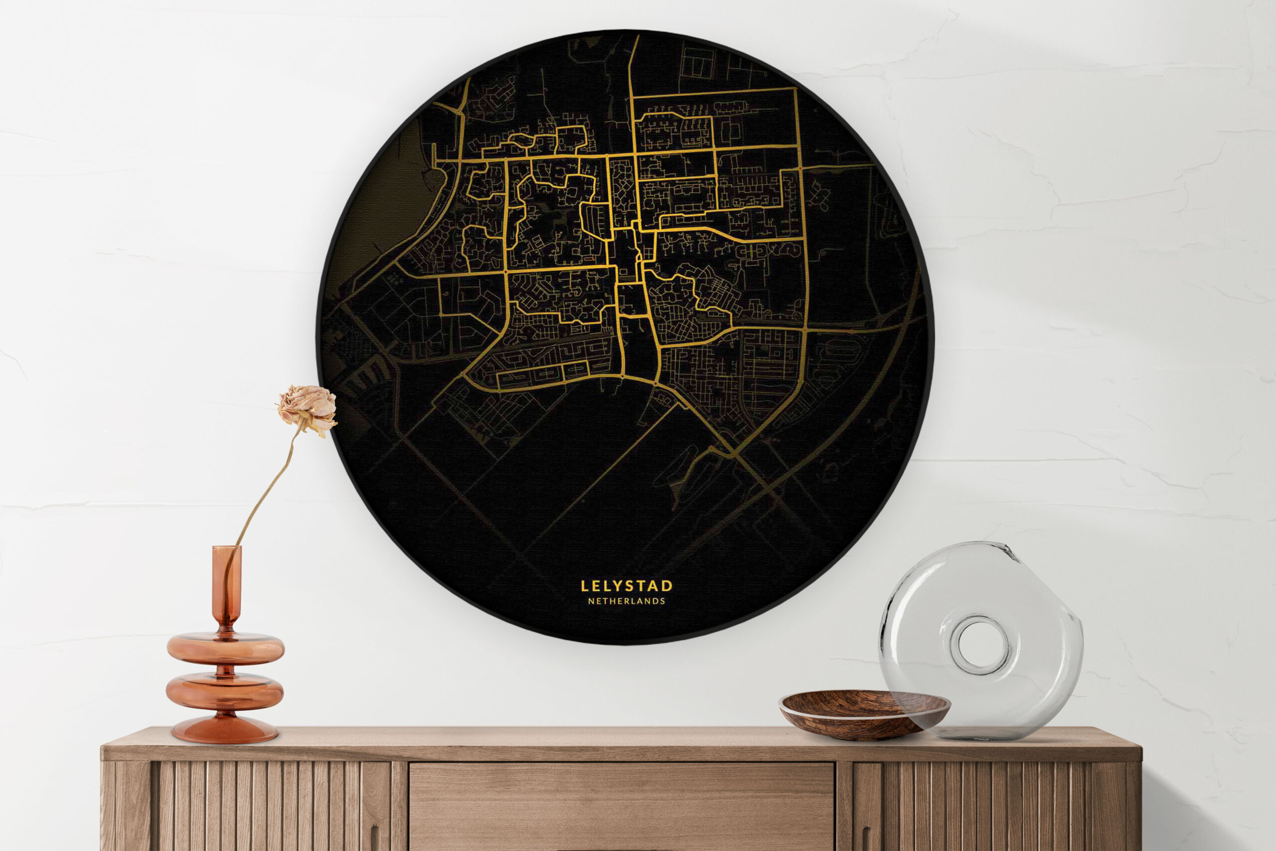 Akoestisch Schilderij Lelystad Plattegrond Zwart Geel Rond - Muurcirkel Template Vierkant Rond Steden 74 2 scaled 1