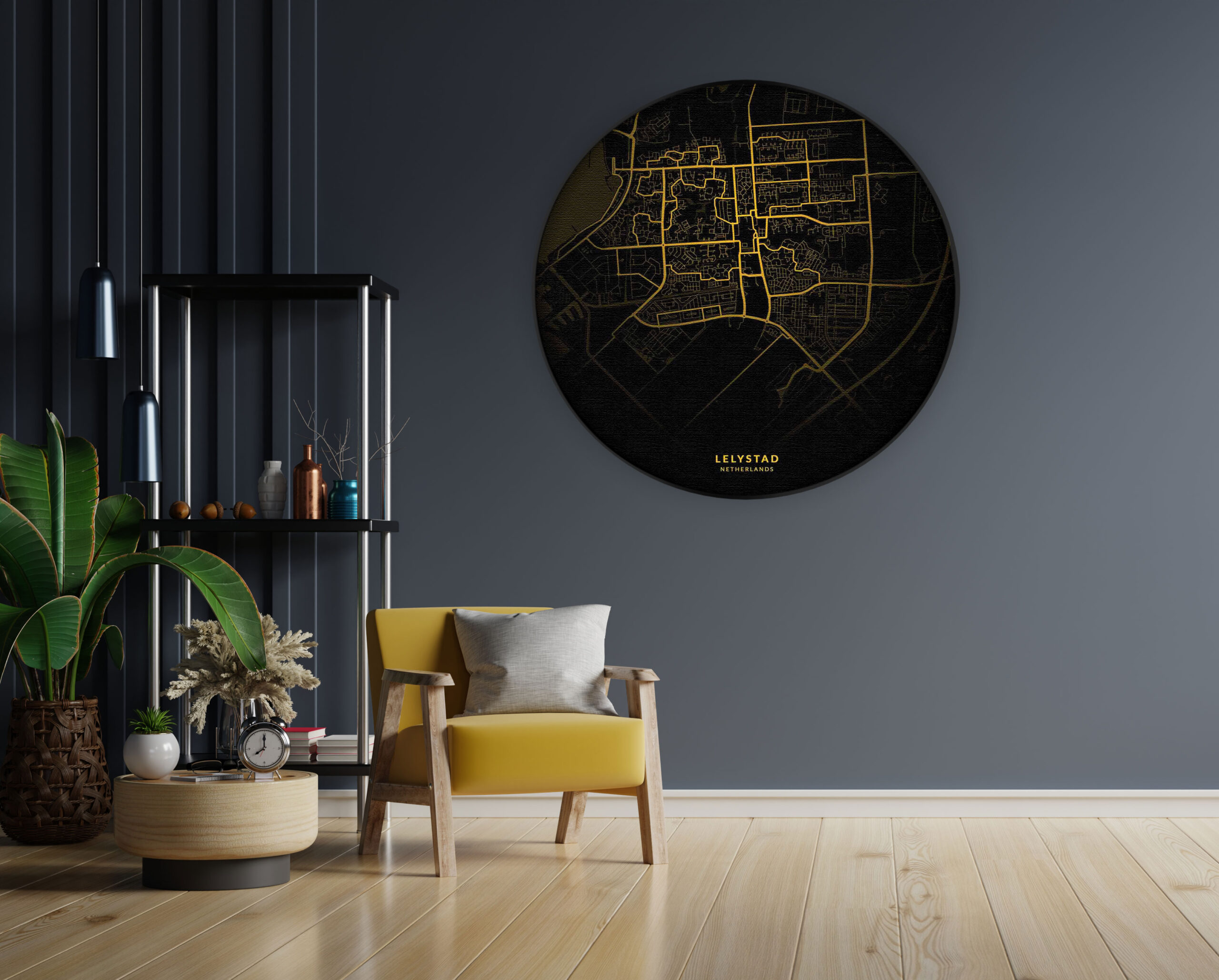 Akoestisch Schilderij Lelystad Plattegrond Zwart Geel Rond - Muurcirkel Template Vierkant Rond Steden 74 scaled 1