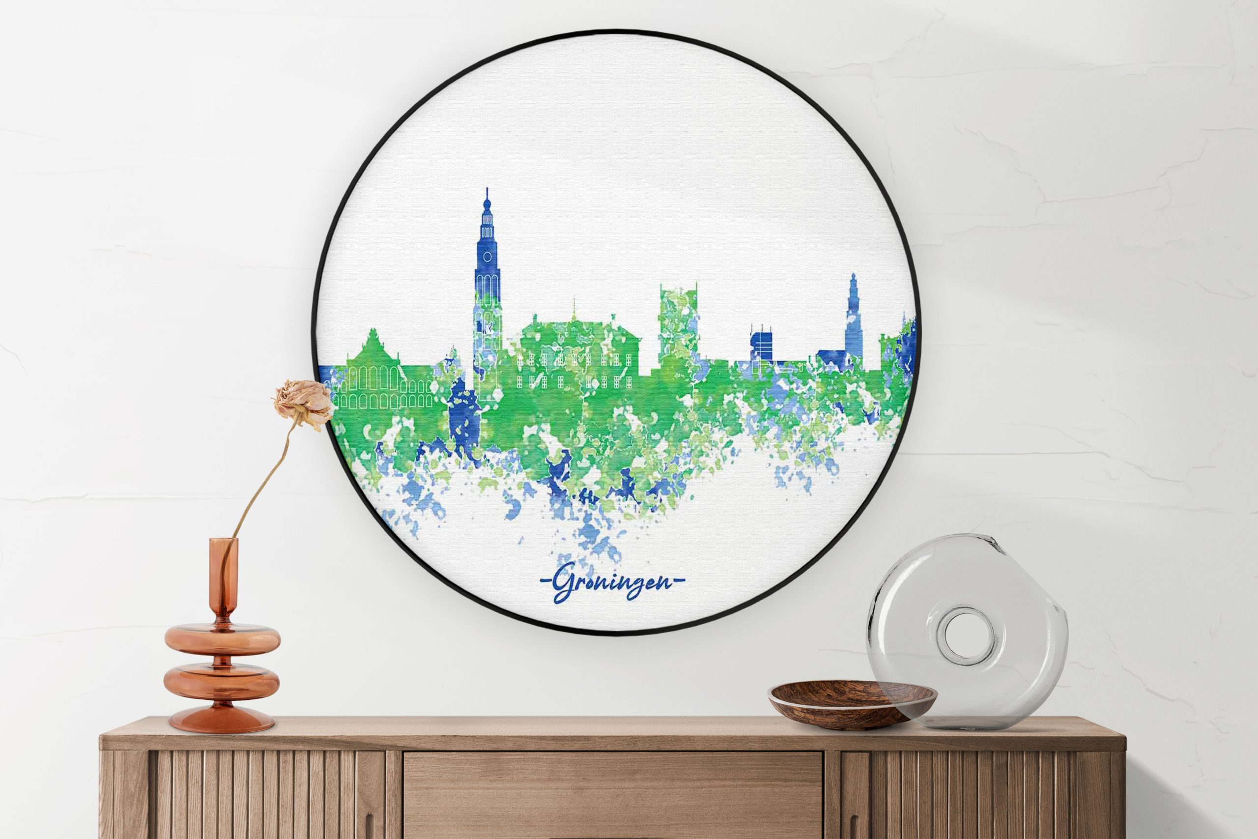Akoestisch Schilderij Skyline Groningen Watercolor Paint Rond - Muurcirkel Template Vierkant Rond Steden 8 1 scaled 1