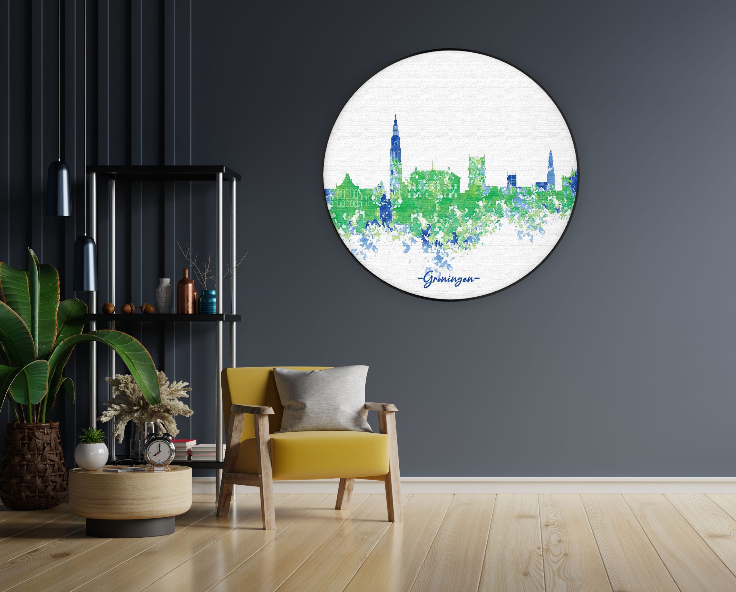 Akoestisch Schilderij Skyline Groningen Watercolor Paint Rond - Muurcirkel Template Vierkant Rond Steden 8 scaled 1