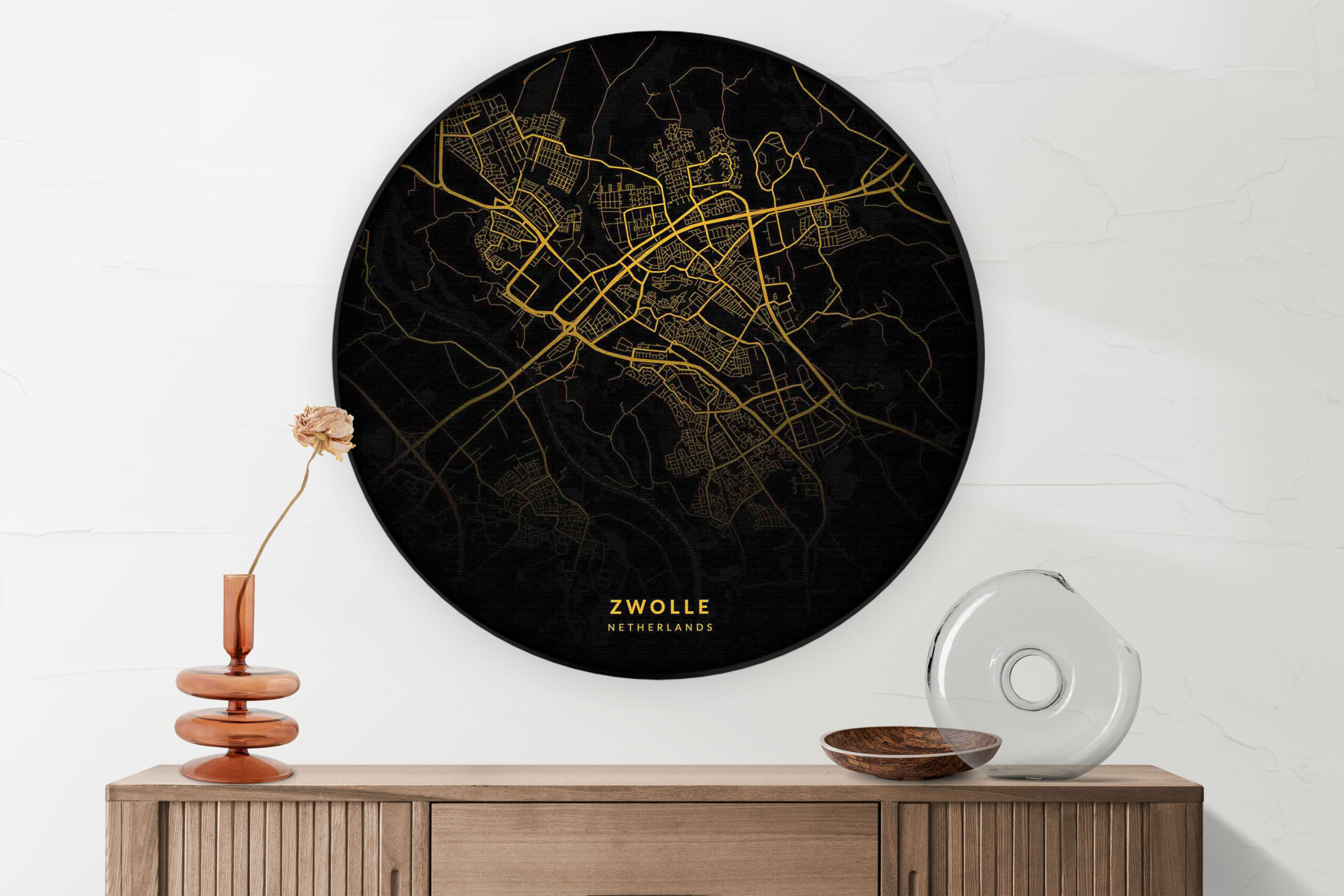 Akoestisch Schilderij Zwolle Plattegrond Zwart Geel Rond - Muurcirkel Template Vierkant Rond Steden 88 2 scaled 1