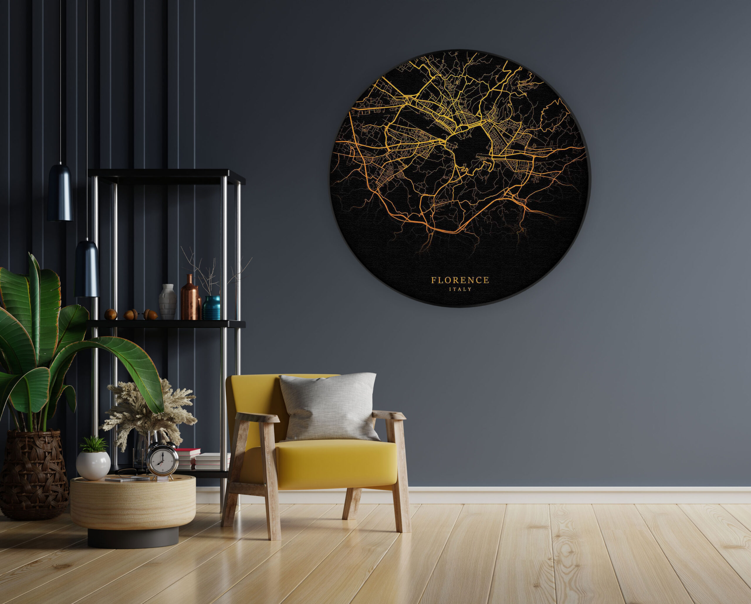 Akoestisch Schilderij Florence Plattegrond Zwart Geel Rond - Muurcirkel Template Vierkant Rond Steden 95 1 scaled 1