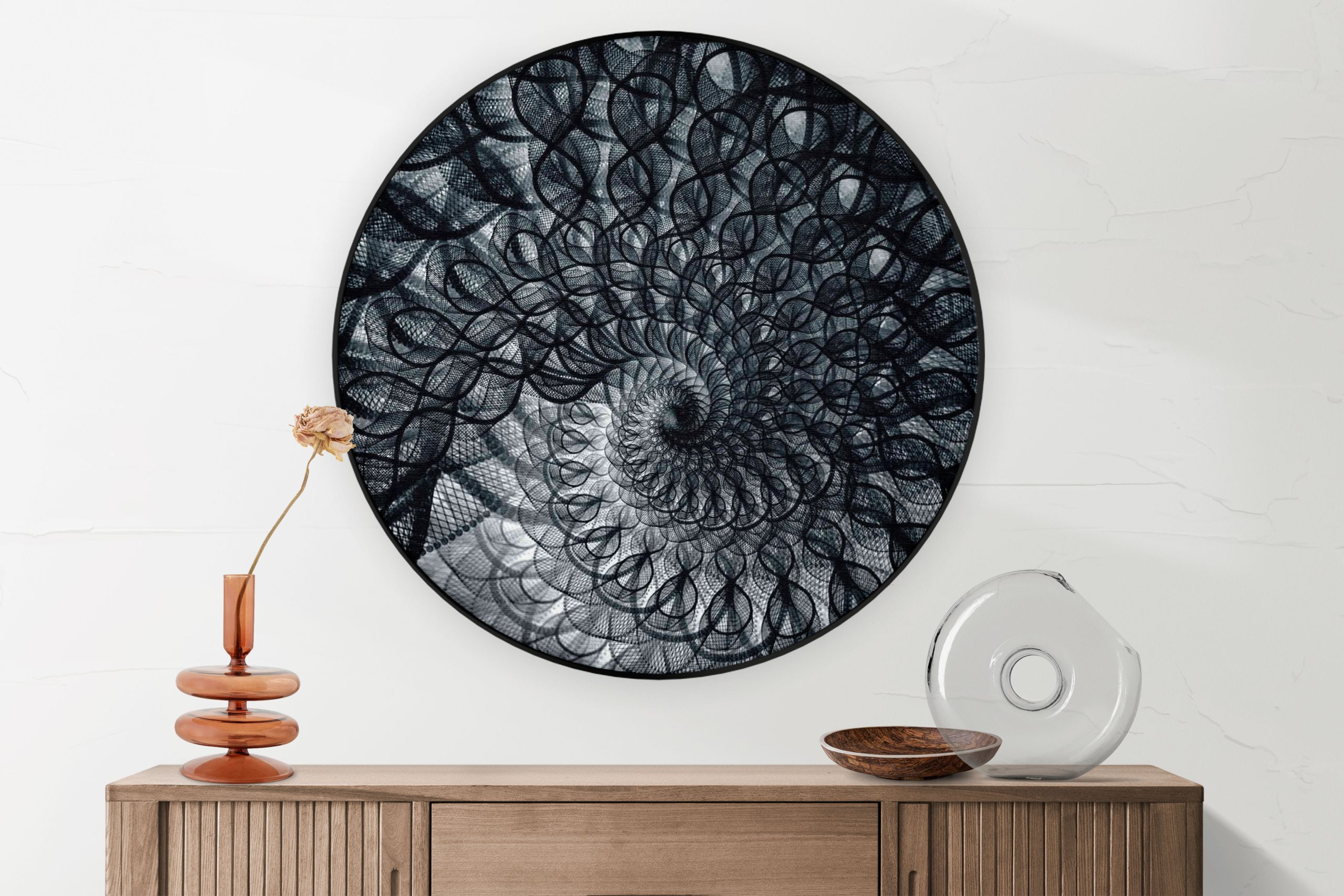 Akoestisch Schilderij Zwart Witte Spiraaltunnel Rond - Muurcirkel Template Vierkant Rond abstract 107 1 2 scaled 1