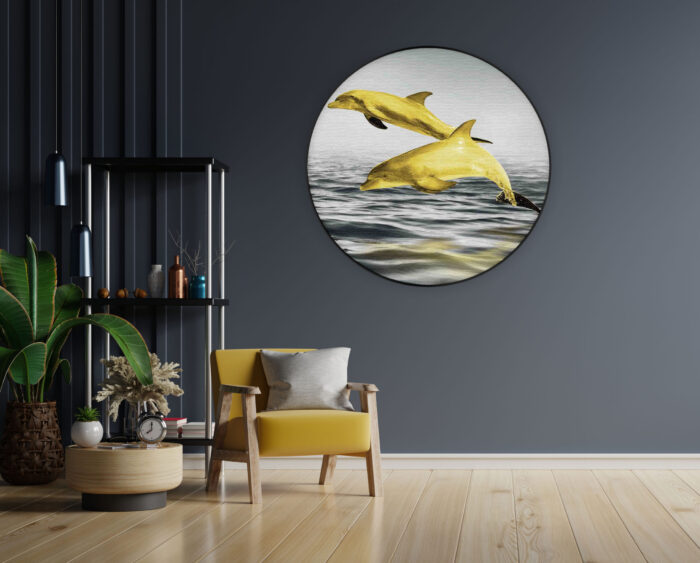Akoestisch Schilderij Springende Dolfijnen Goud 01 Rond - Muurcirkel Template Vierkant Rond dieren 2 1 scaled 1