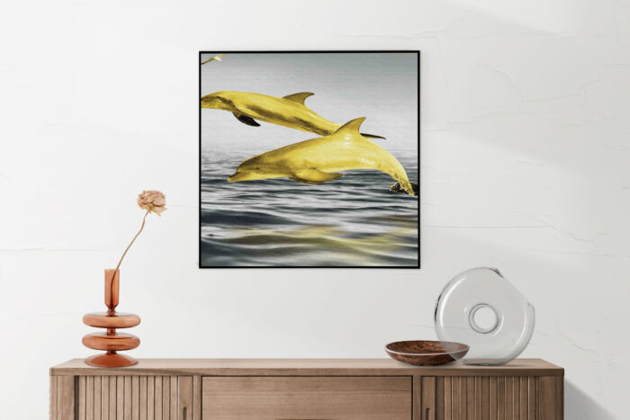 Akoestisch Schilderij Springende Dolfijnen Goud 01 Vierkant Template Vierkant Rond dieren 2 5 scaled 1