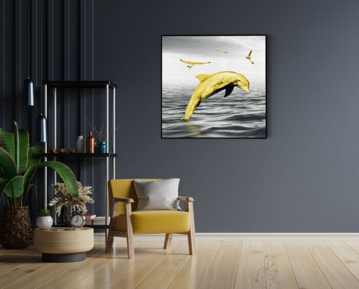 Akoestisch Schilderij Springende Dolfijnen Goud 01 Vierkant Template Vierkant Rond dieren 3 4 scaled 1