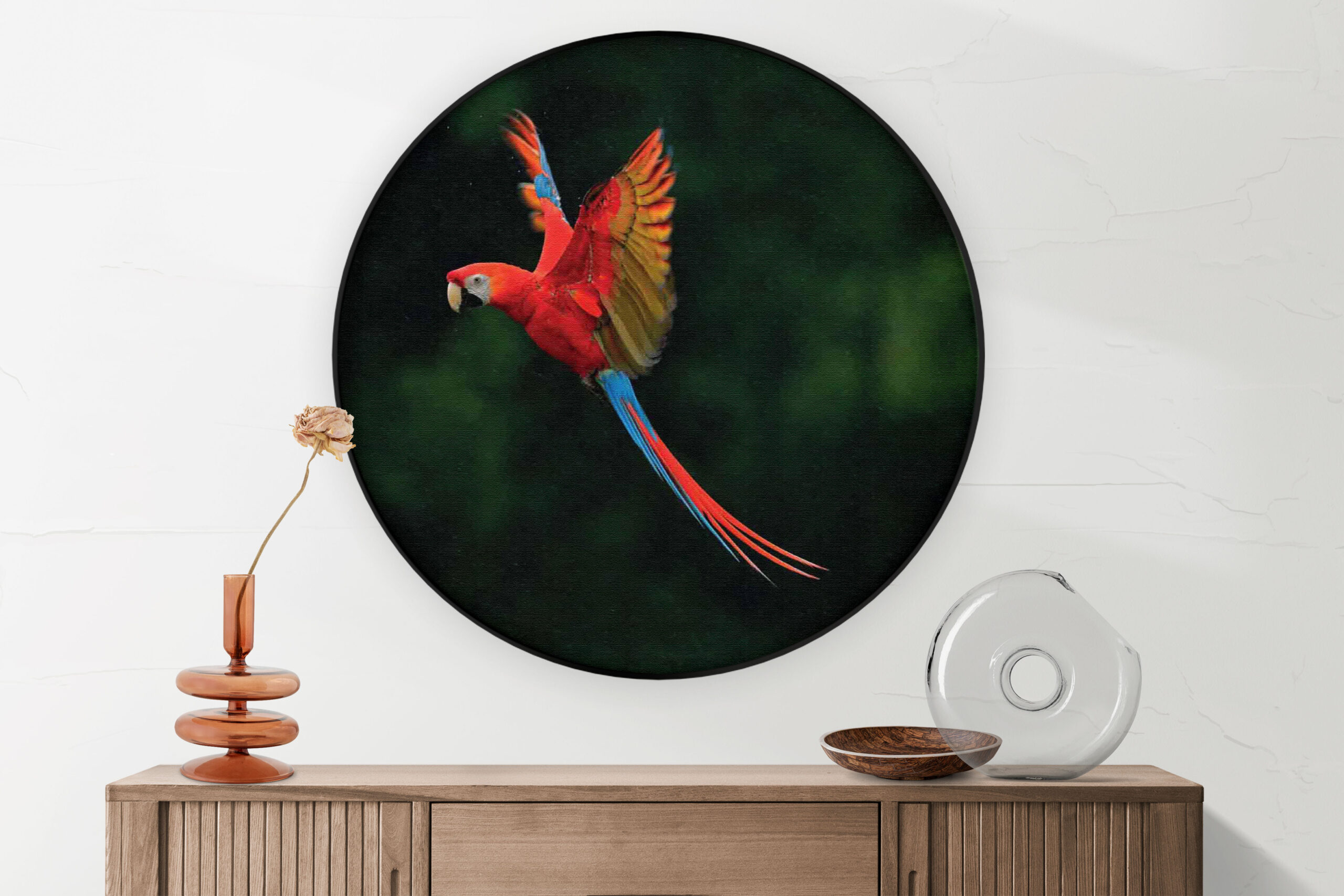 Akoestisch Schilderij Vliegende Ara Vogel Rond - Muurcirkel Template Vierkant Rond dieren 40 2 scaled 1