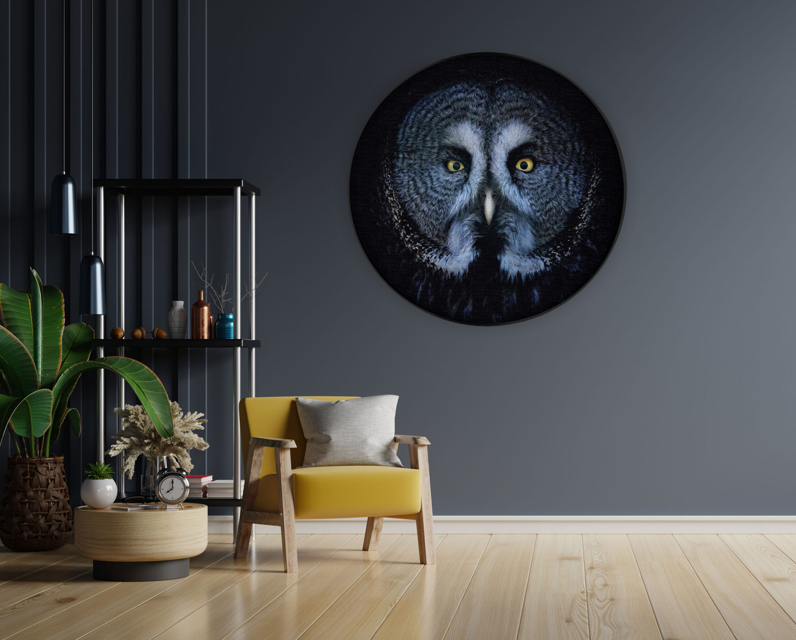 Akoestisch Schilderij Uil Hoofd Close Up Rond - Muurcirkel Template Vierkant Rond dieren 49 1 scaled 1