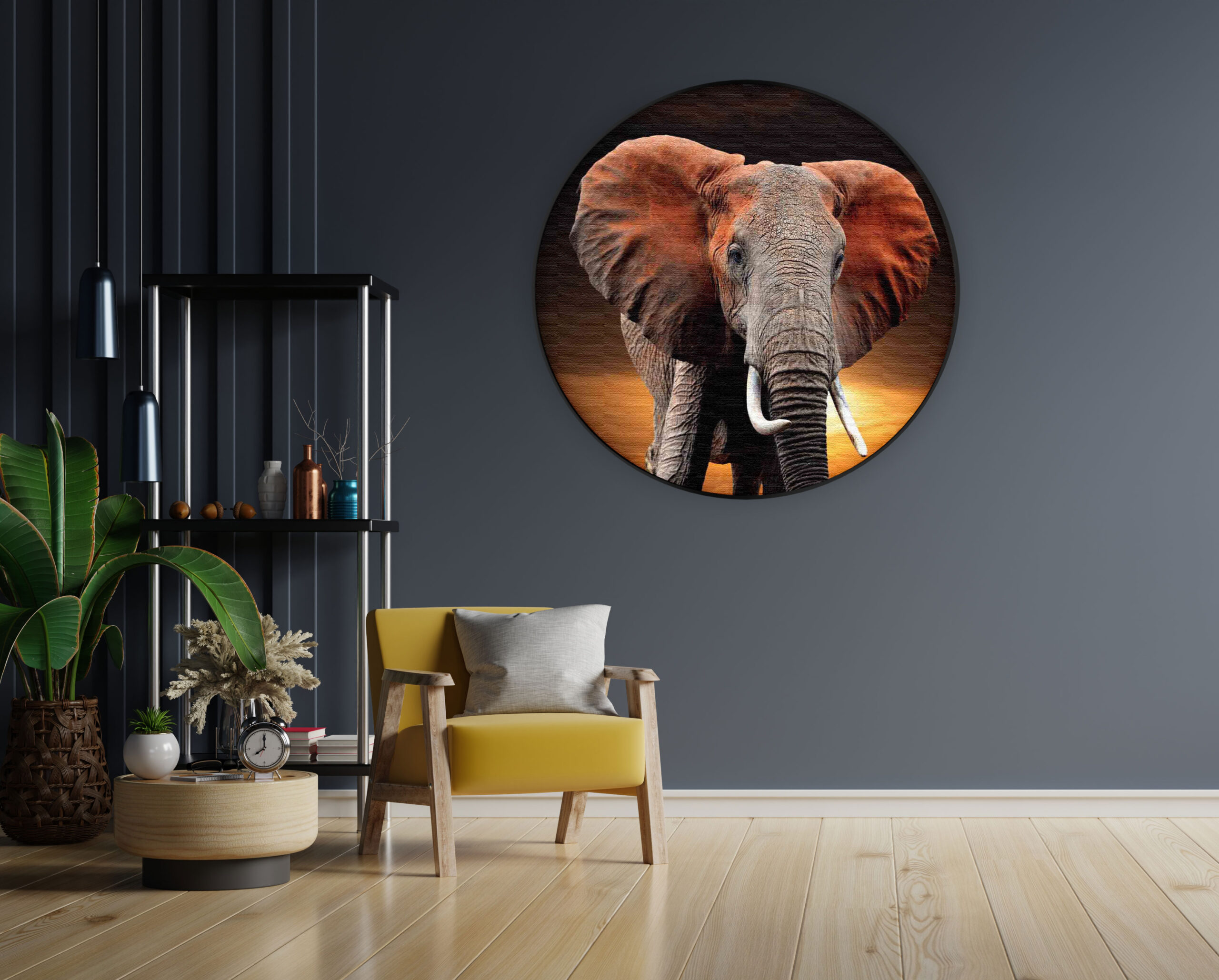 Akoestisch Schilderij Olifant met Zonsondergang Rond - Muurcirkel Template Vierkant Rond dieren 53 1 scaled 1