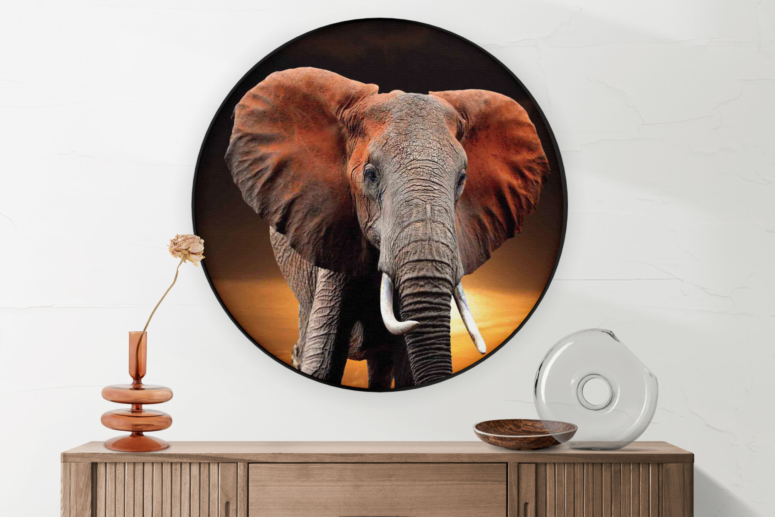 Akoestisch Schilderij Olifant met Zonsondergang Rond - Muurcirkel Template Vierkant Rond dieren 53 2 scaled 1
