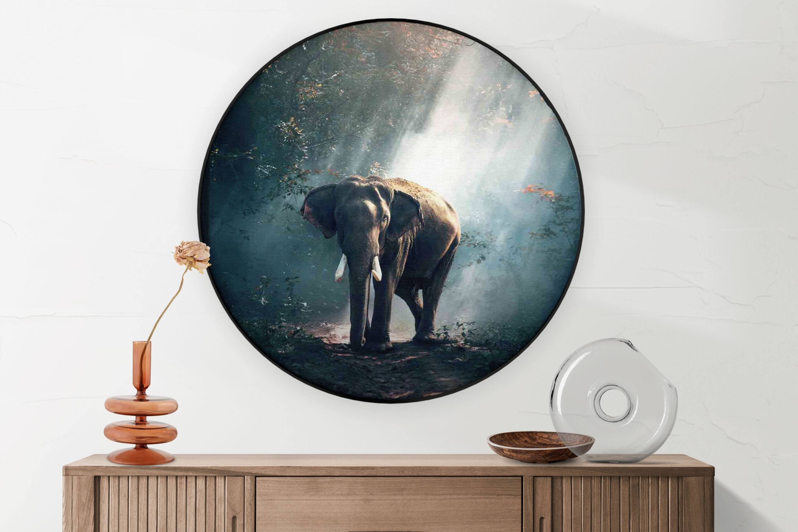 Akoestisch Schilderij Olifant Zwart Wit Rond - Muurcirkel Template Vierkant Rond dieren 69 2 scaled 1