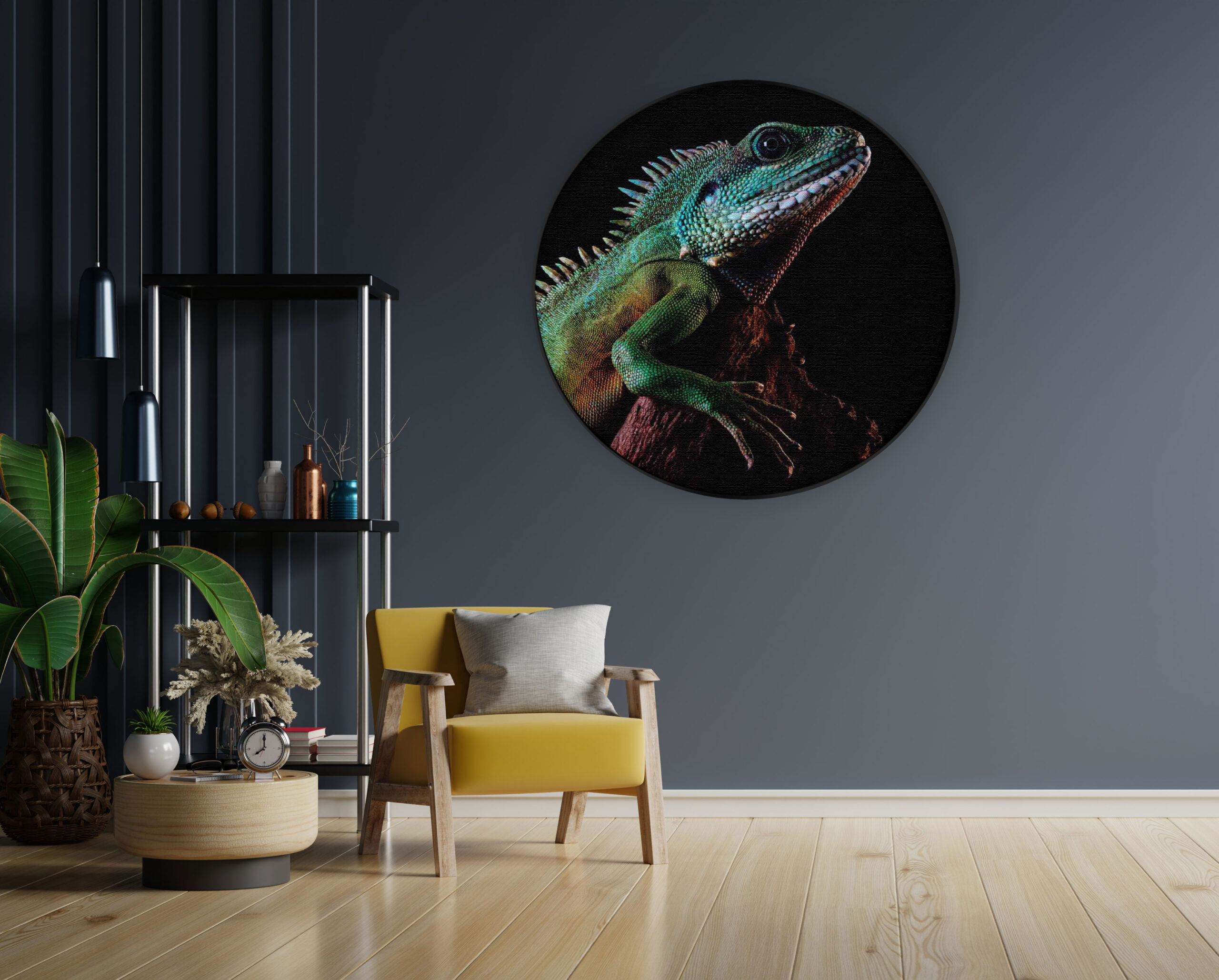 Akoestisch Schilderij De Groene Kameleon Rond - Muurcirkel Template Vierkant Rond dieren 73 1 scaled 1