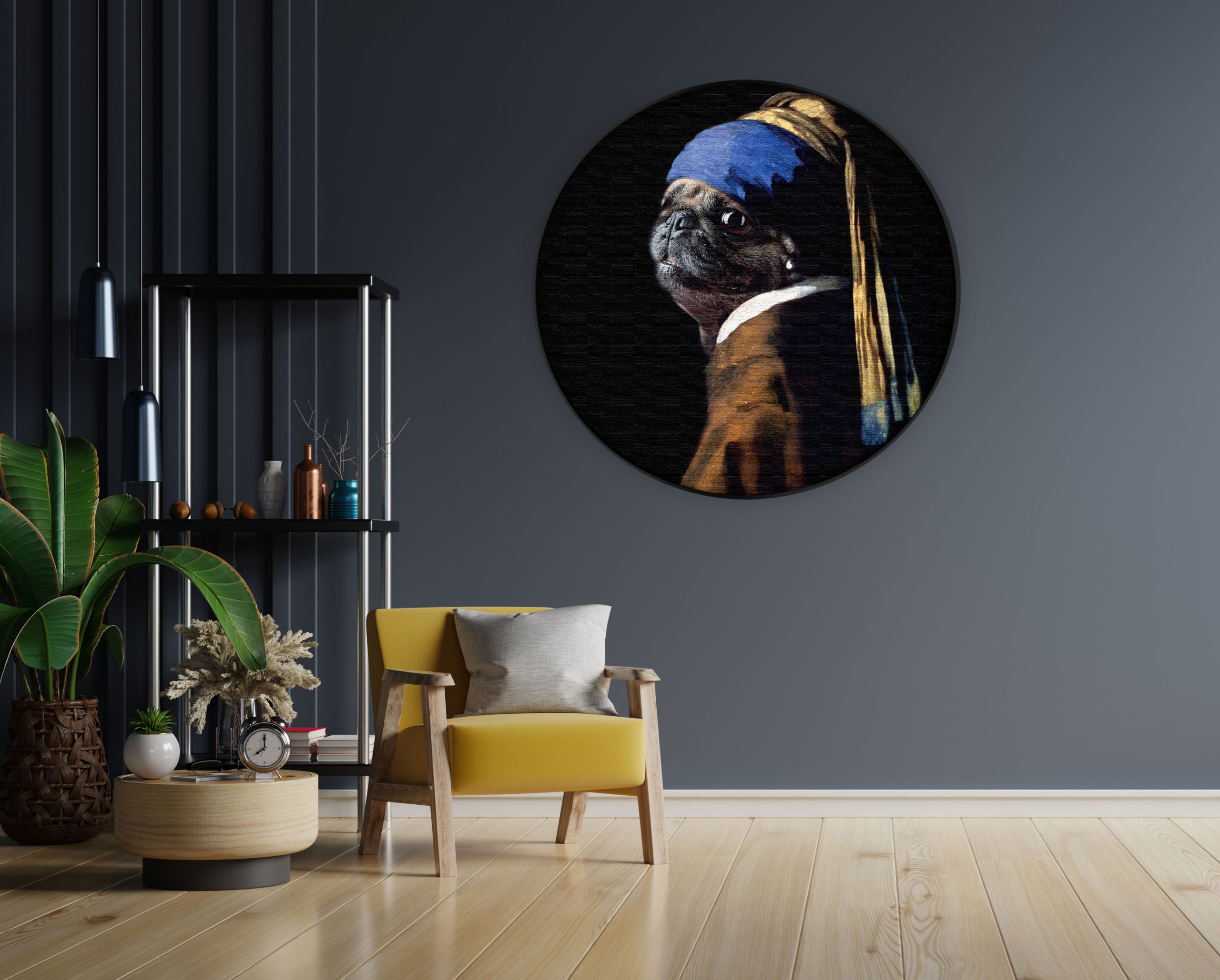 Akoestisch Schilderij Menselijke Bulldog Hond Als Meisje Met De Parel Rond - Muurcirkel Template Vierkant Rond ironisch 10 3 scaled 1