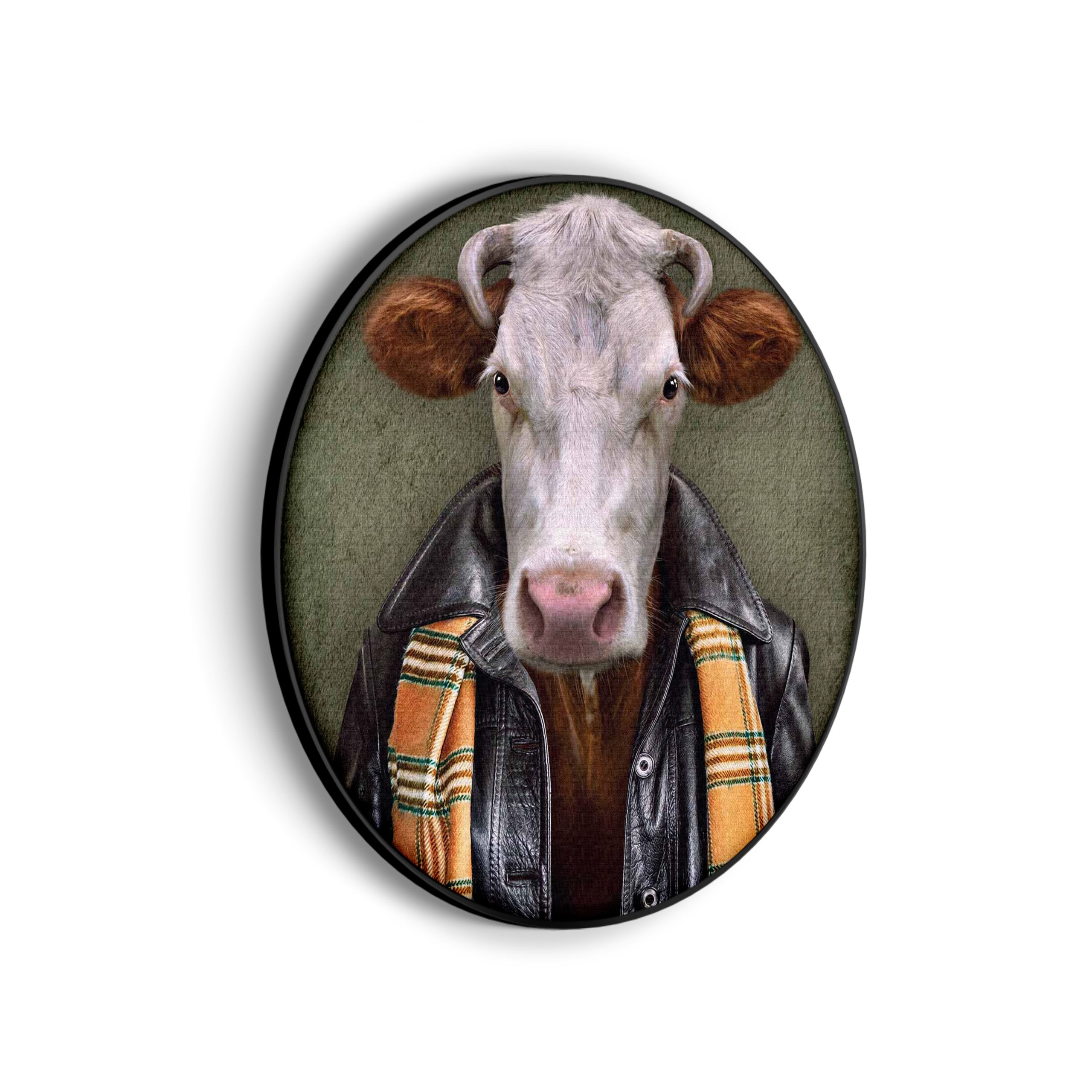 Akoestisch Schilderij Menselijke Koe Met Leren Jas Rond - Muurcirkel Template Vierkant Rond ironisch 2 2 scaled 1