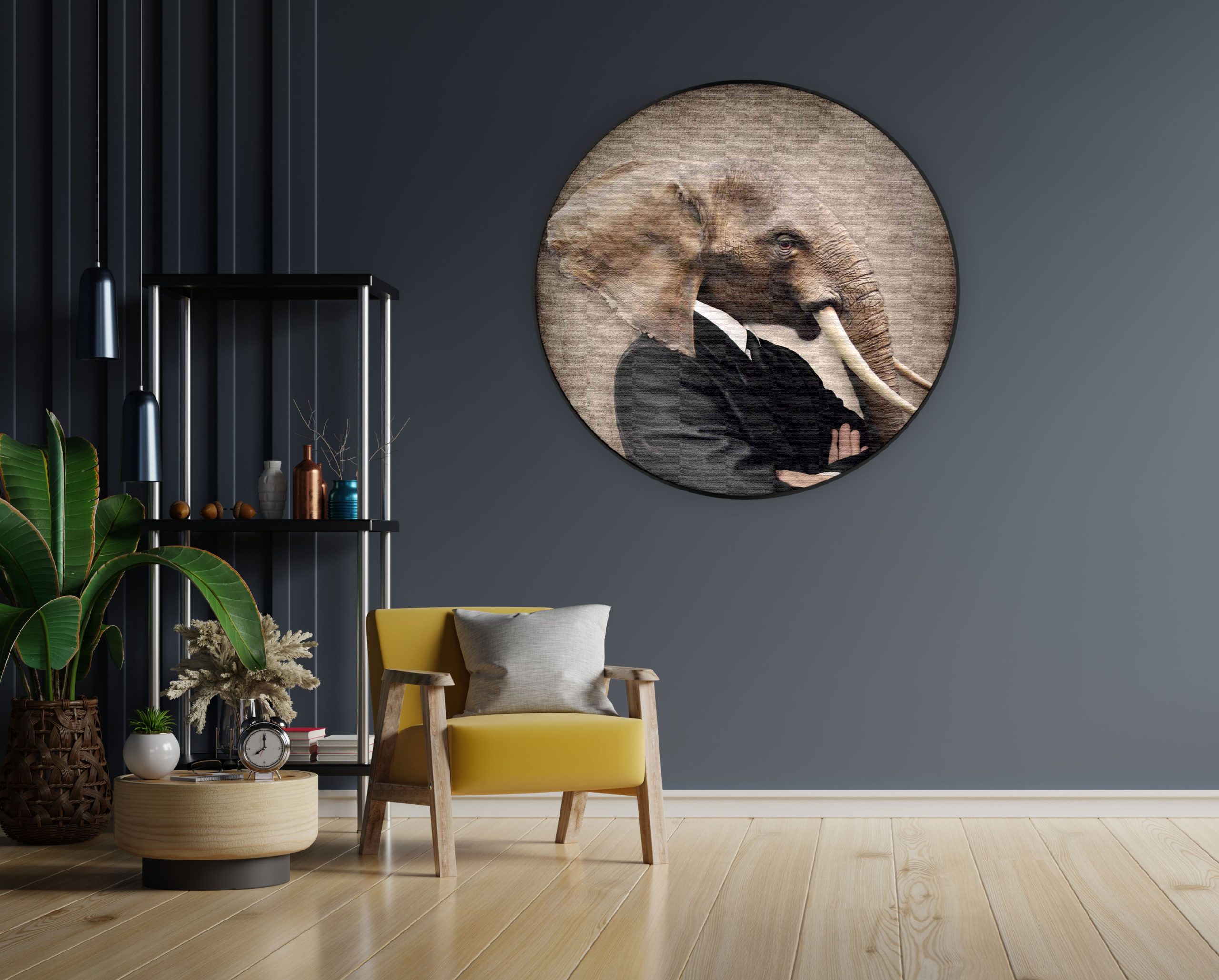 Akoestisch Schilderij Menselijke Olifant In Casual Pak Rond - Muurcirkel Template Vierkant Rond ironisch 9 3 scaled 1